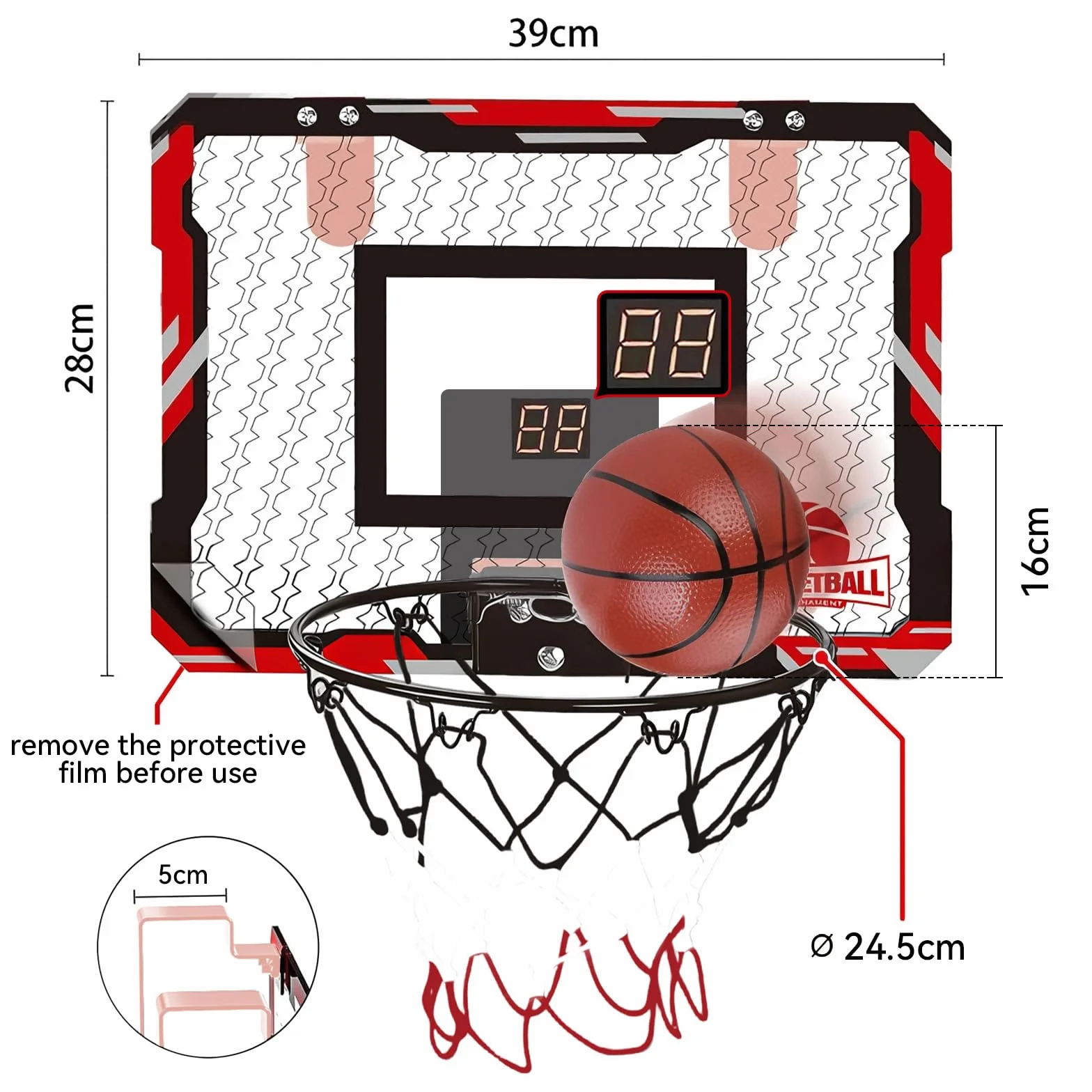 Canasta Baloncesto Infantil TEKXDD Mini con 3 Pelotas y Marcador Rojo