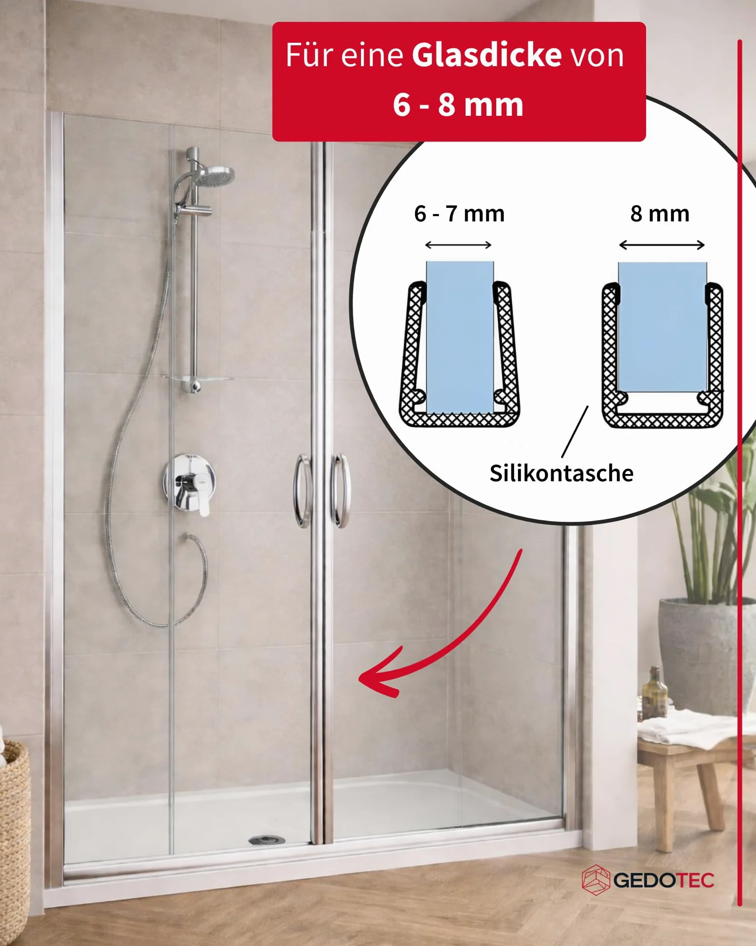 Gedotec Junta magnética de labio de ducha impermeable para puertas de ducha – 1 par de juntas magnéticas 180° sin tope – Junta magnética de ducha PVC Longitud: 2 m – Junta de ducha 6 mm – 8 mm
