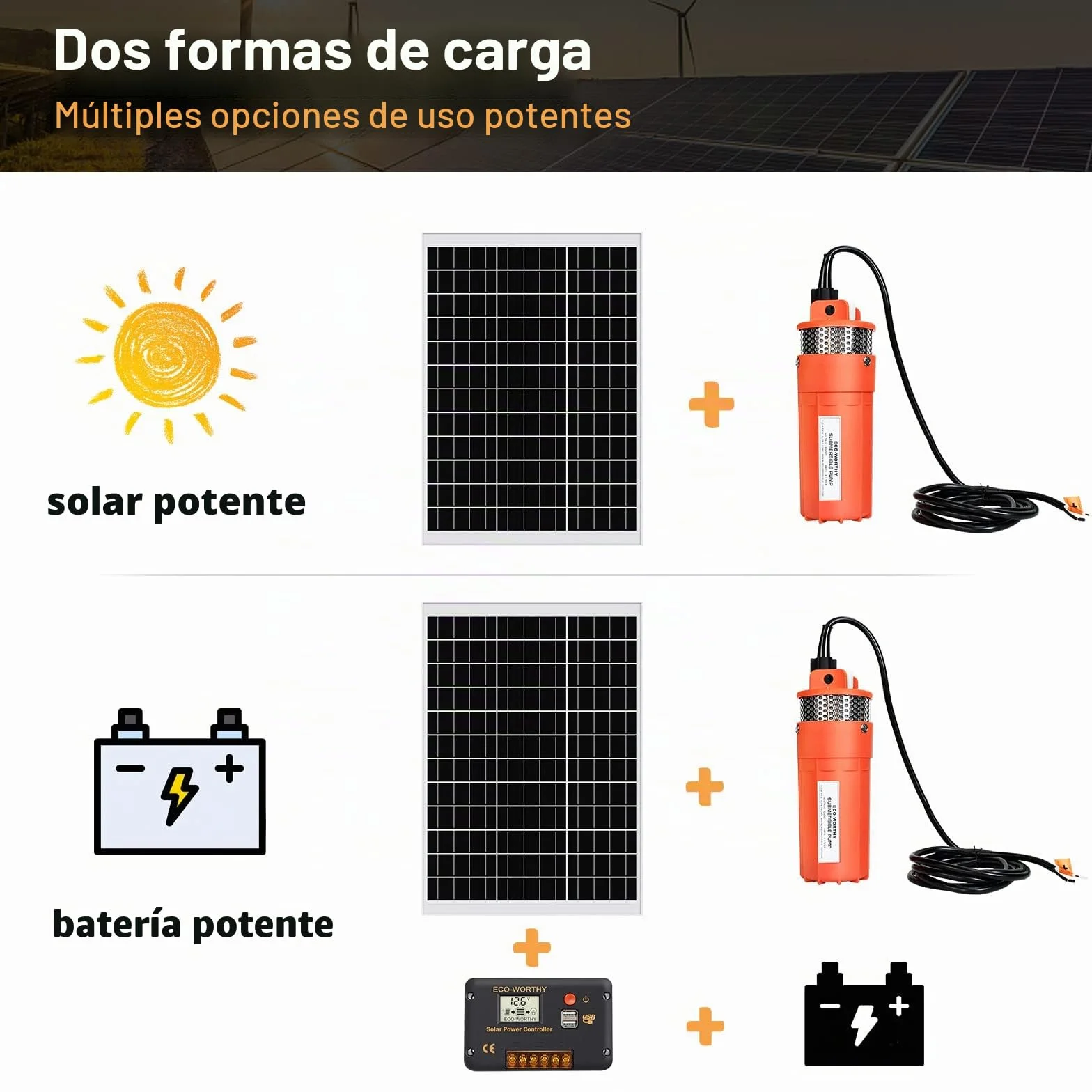 DCHOUSE Juego de bombas solares de 200 W, bomba de pozo de 12 V + 2 paneles solares de 100 W + controlador – Riego autónomo y agua para ganado – Entrega en 2 paquetes