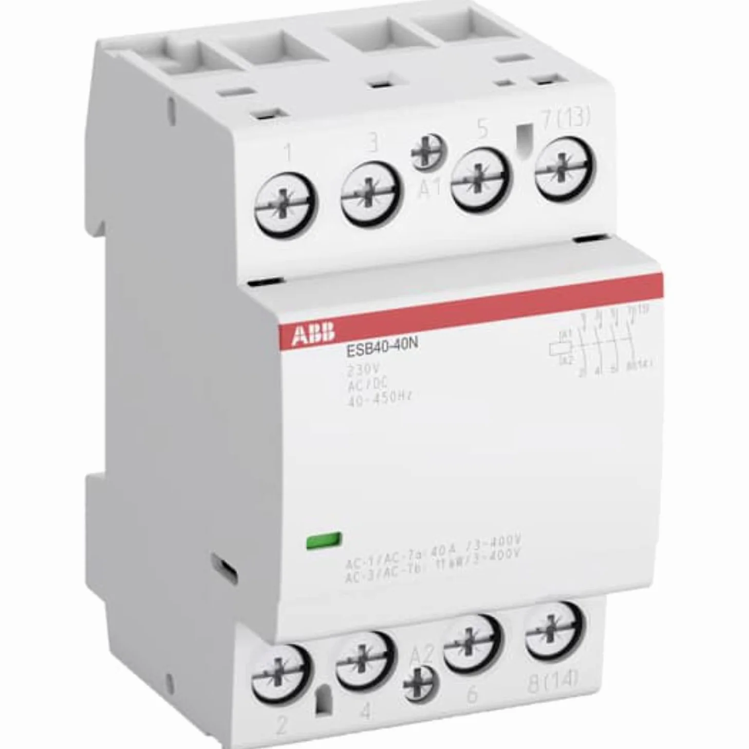 Contactor de instalación, modelo ESB40-20N-01, 2 polos, 2 contactos principales NO, 24V, 40A, color blanco, 6,5 x 5,4 x 8,5 centímetros (referencia: 1SAE341111R0120)