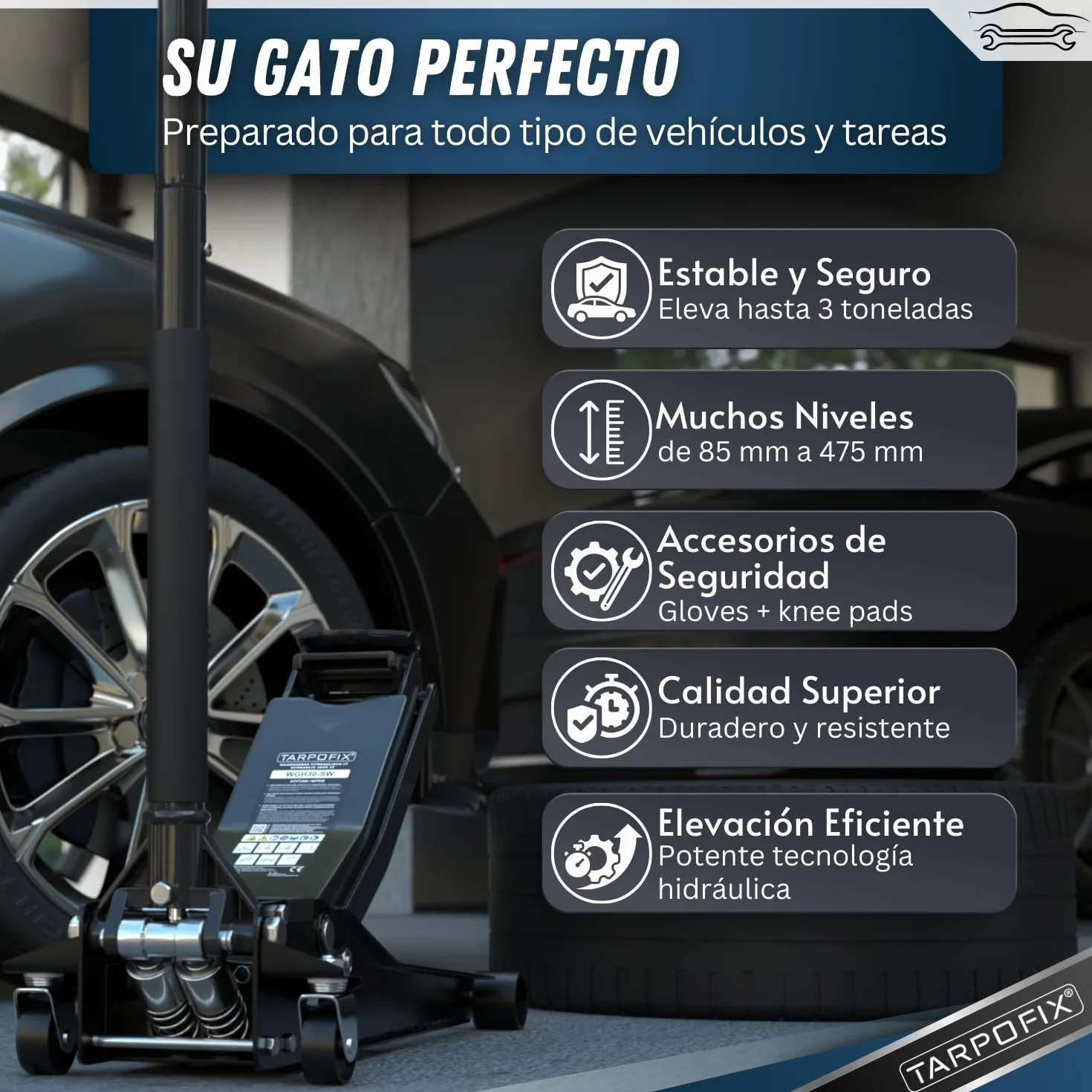 Tarpofix® Gato Hidraulico para Coche 3T — Gato Hidráulico Tipo Carretilla 3000 Kg, 85–475 Mm De Elevación, Doble Cilindro, Perfil Bajo para SUV Y Coches Bajos
