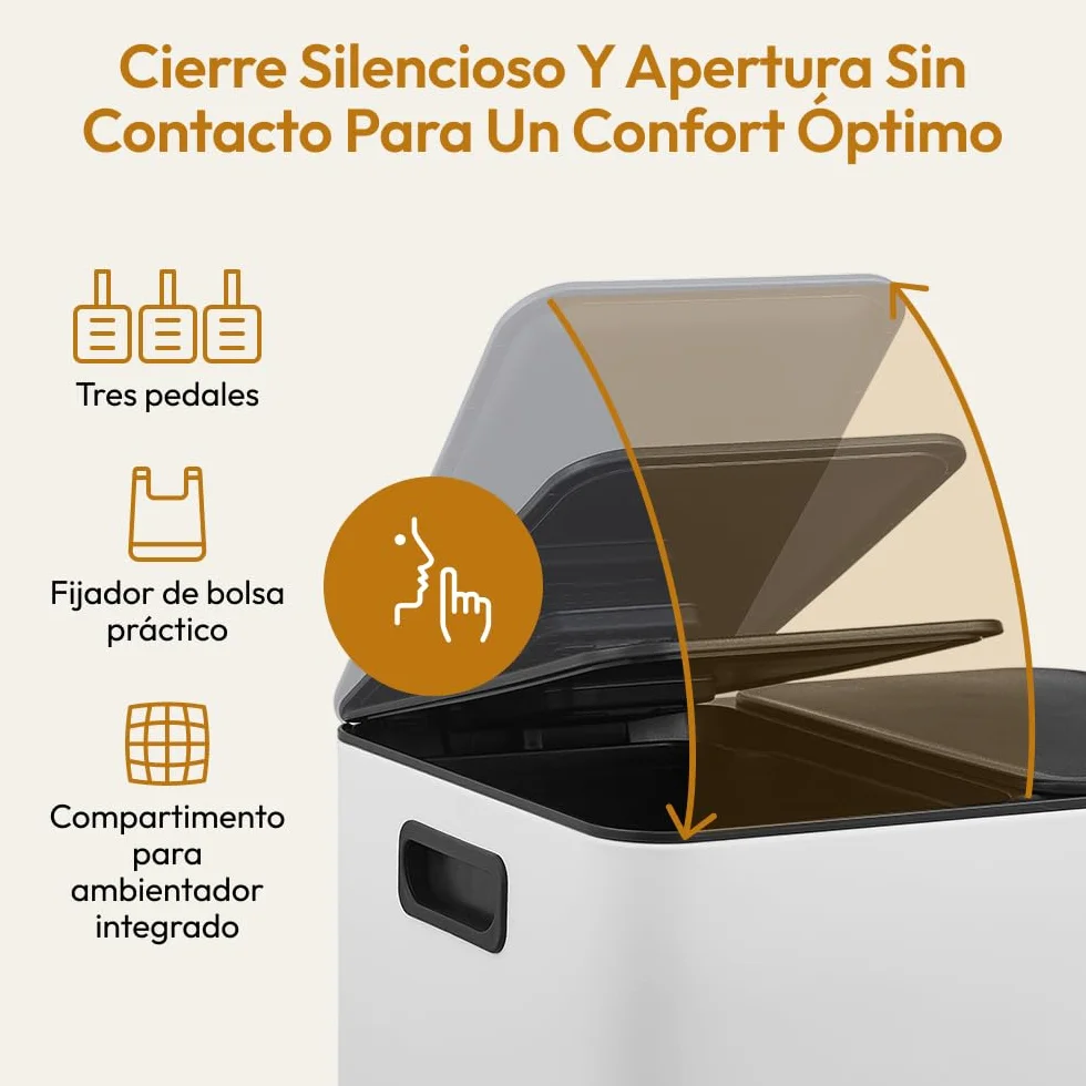 CASABEL Cubos de Basura de Reciclaje 60 L, Sistema de Basura Reciclaje 3 x 20 L Acero Inoxidable, Cubo con Pedal, Antihuellas y Antiolores, blanco