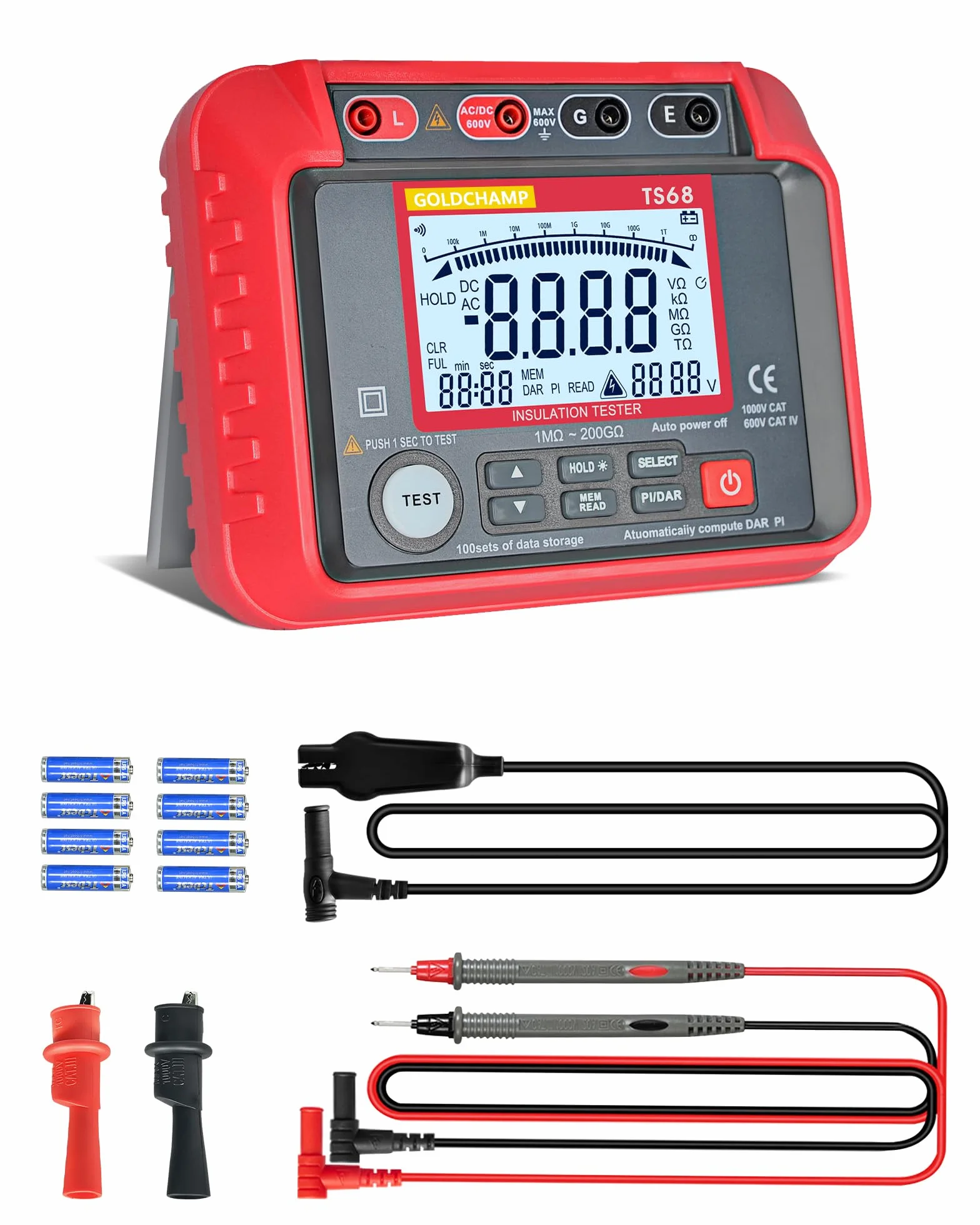 Probador de resistencia de aislamiento TS68, medición de resistencia de 1MΩ-200GΩ, megohmímetros con pantalla LCD retroiluminada, almacenamiento de datos 100, voltaje de salida 250V-2500V, medición
