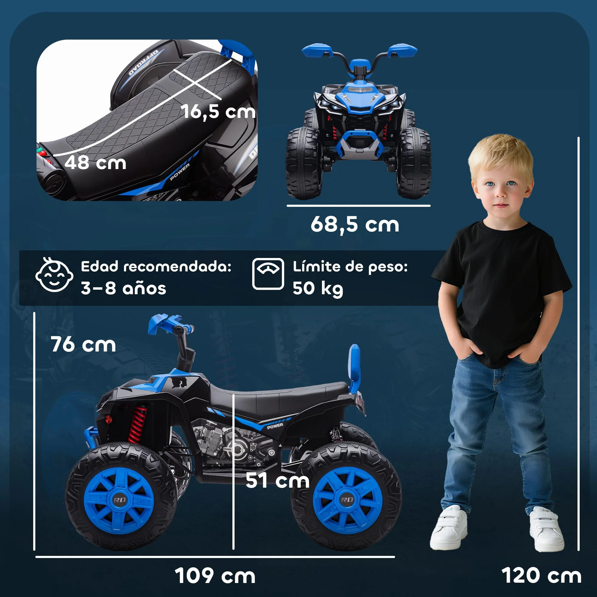 AIYAPLAY Quad Eléctrico para Niños 24V 2 Plazas 2 Motores 6,5 km/h Ruedas Suspensión Faros Bocina Música USB Azul