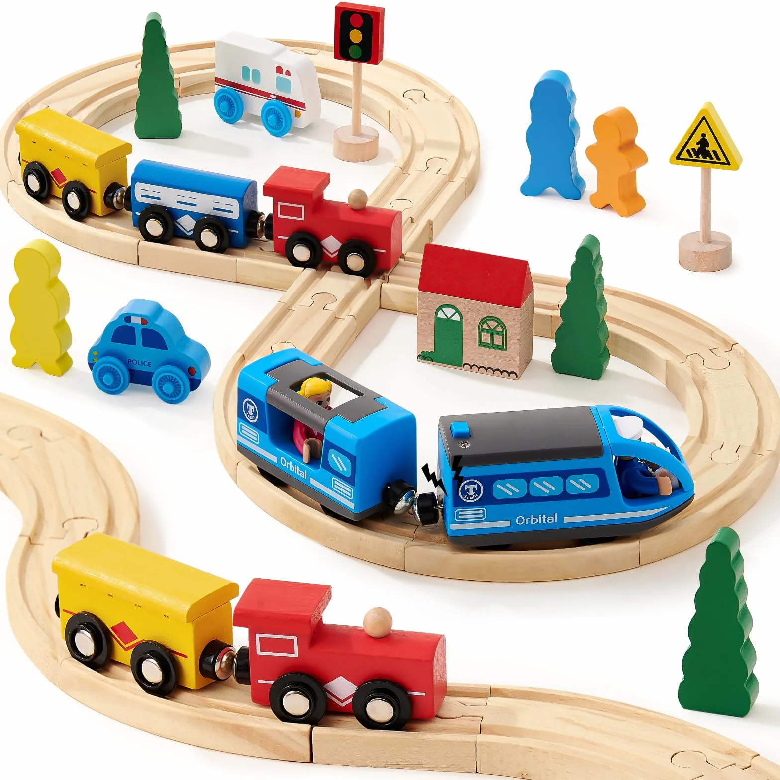 Atoylink Trenes de Juguetes Magnéticos de Madera con Tren Eléctrico, Pistas de Madera para Niños 3-7 Años