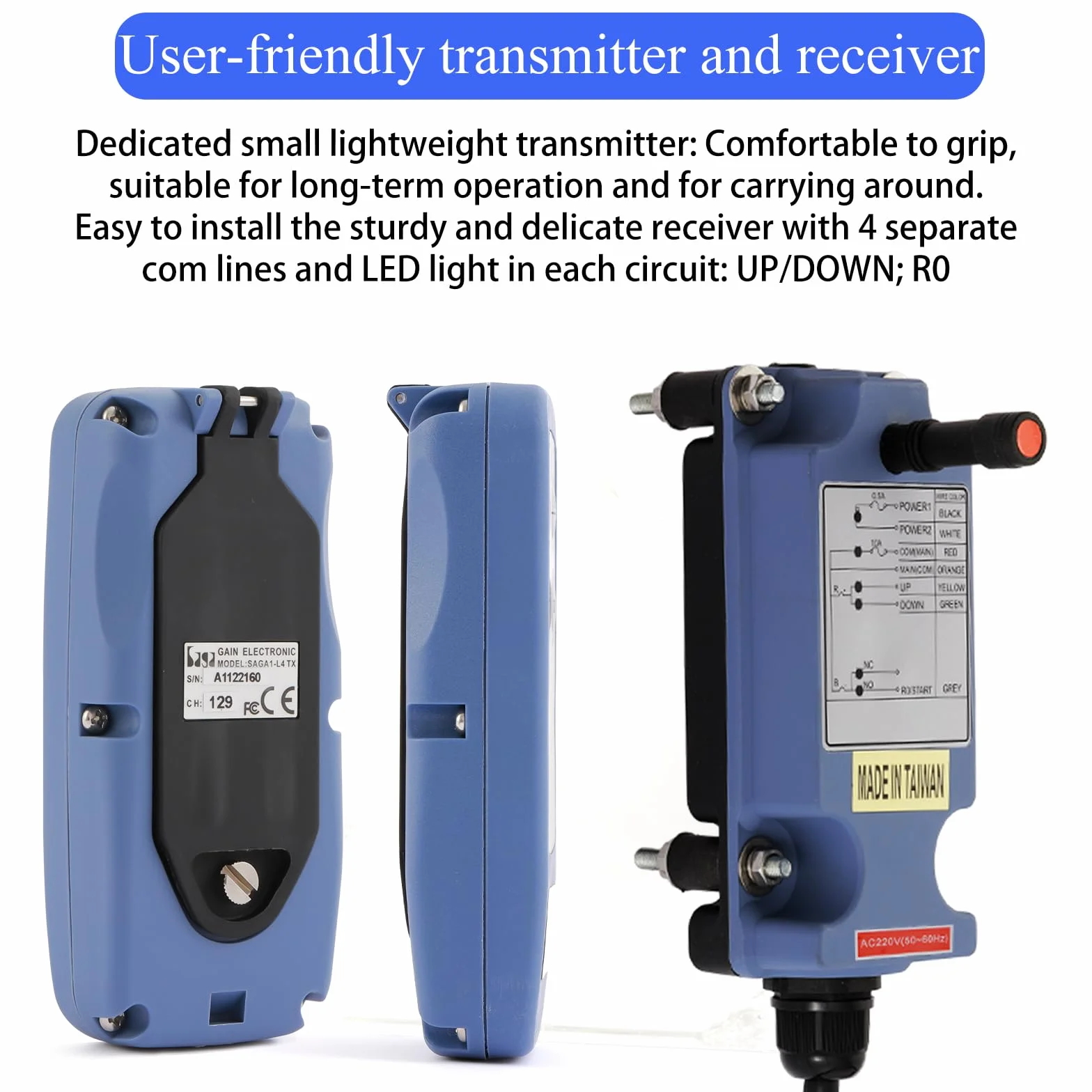 Saga-L4 Mini Mando a distancia inalámbrico para grúa puente grúa para 2 canales botones 12-24V Industrial Polipasto Eléctrico Cabrestante Remolque basculante Radio Transmisor y receptor
