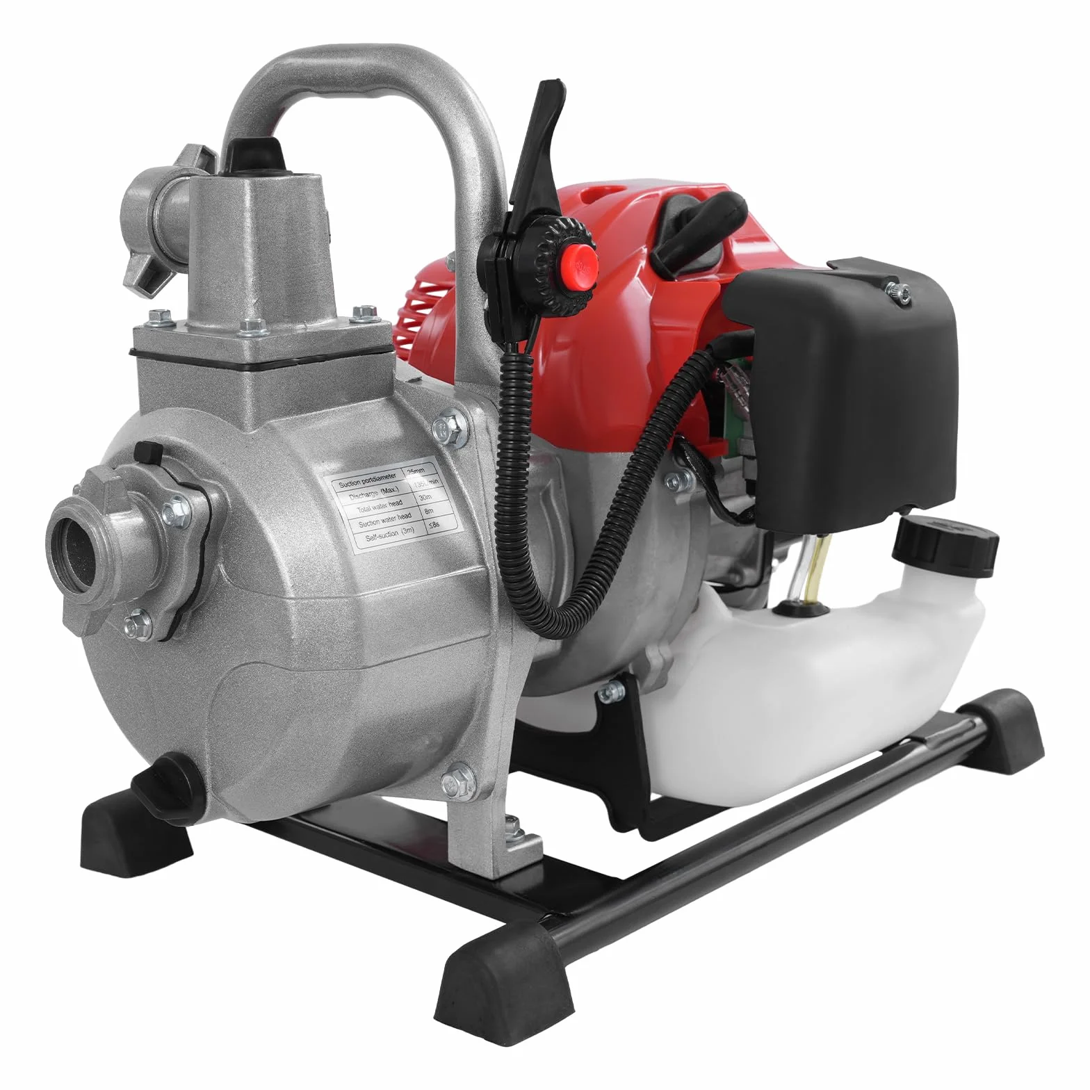 Bomba de agua, gasolina, 2 tiempos, bomba de jardín, 1,7 HP 43 cc, 10 m³/h, 30 m, altura de extracción de 25 mm, conector de 2 m, tubo de entrada (plata+negro+rojo)
