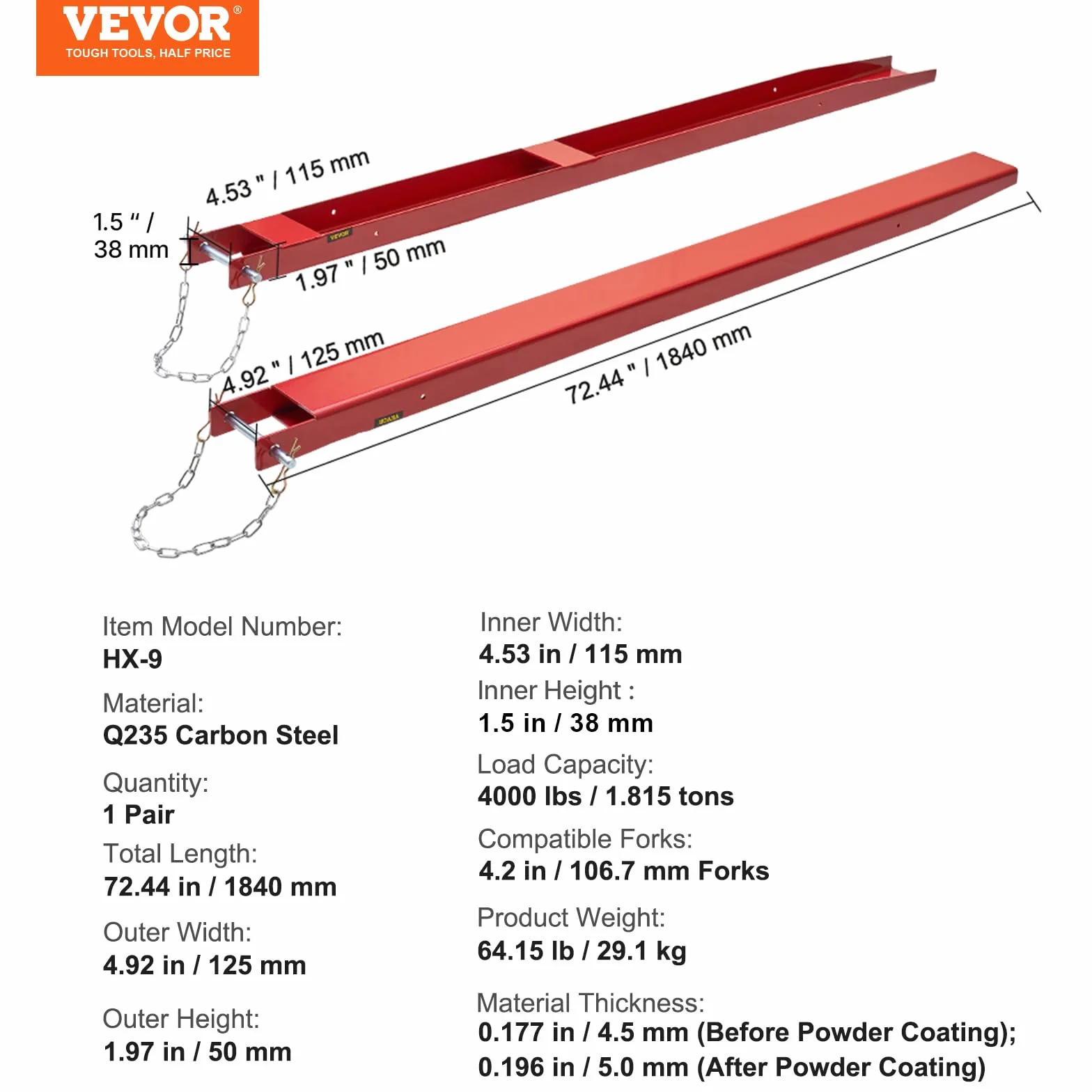 VEVOR Abrazadera de Horquillas de Tractor 1840x115mm 1 Par de Acero al Carbono Abrazadera en Horquillas de Paletas Carga 1815T con Pasadores para Mover y Transportar Cargas Pesadas y Voluminosas, Rojo