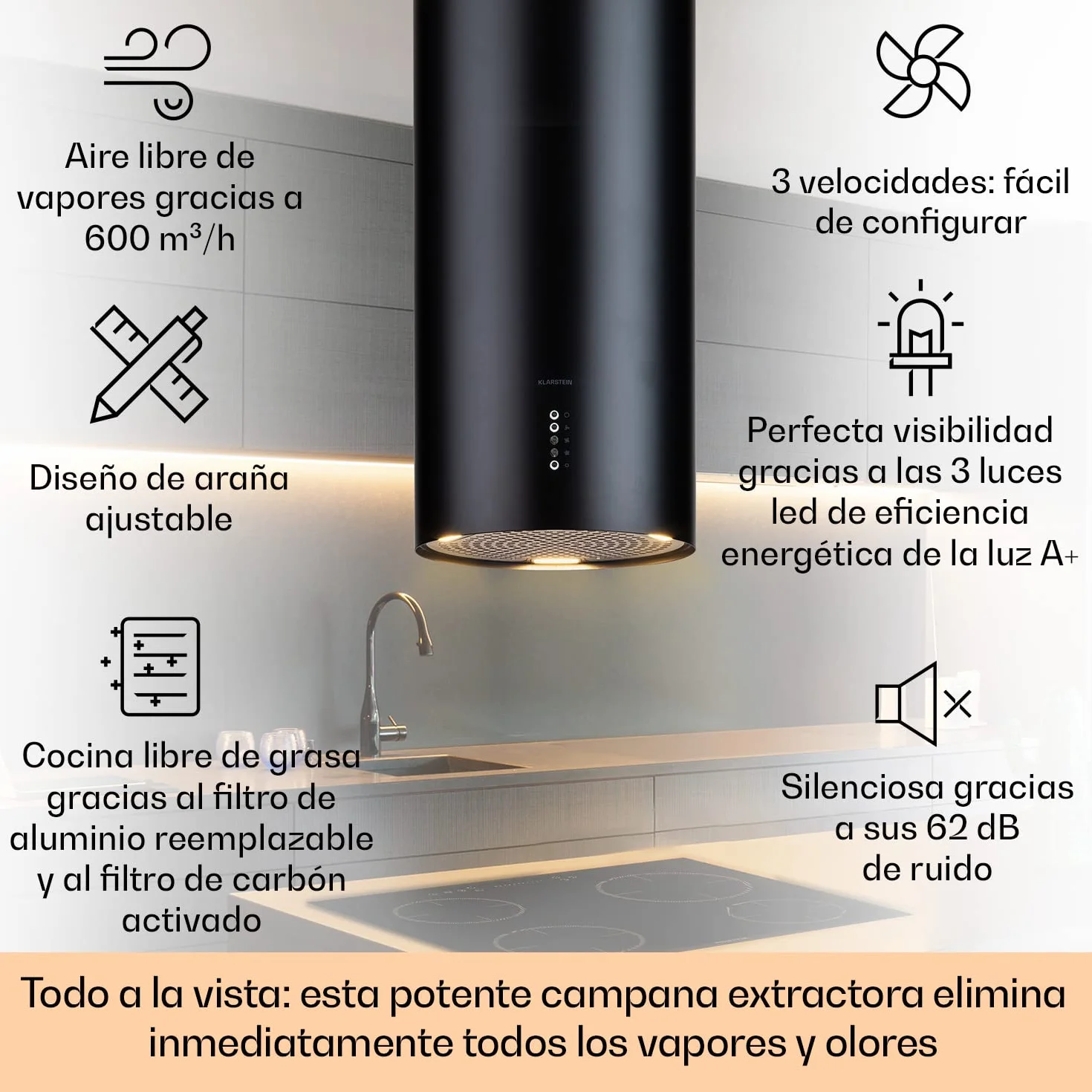 Klarstein Campana Extractora Isla para Cocina 600m³/h con Temporizador, 3 Modos y Filtros Carbón