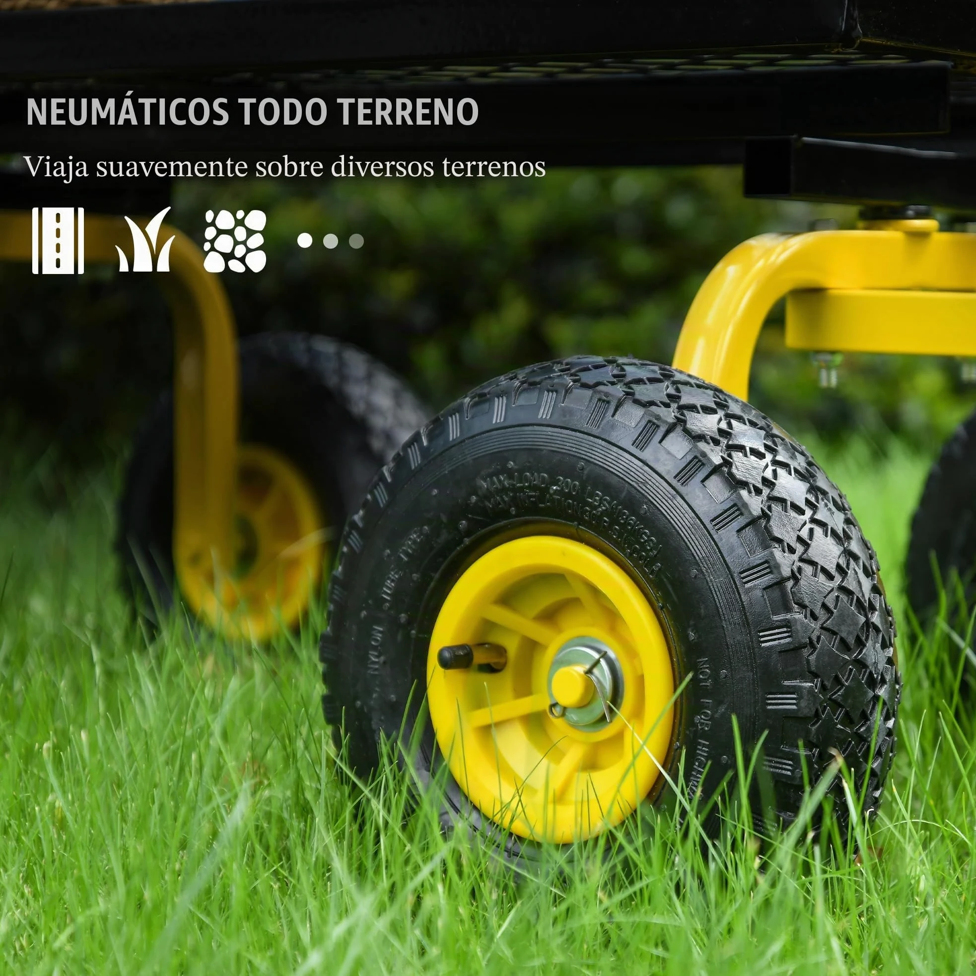 Outsunny Carro de jardín resistente estructura metálica Amarillo | Ruedas neumáticas 10", manija giratoria, capacidad 150kg, para granja