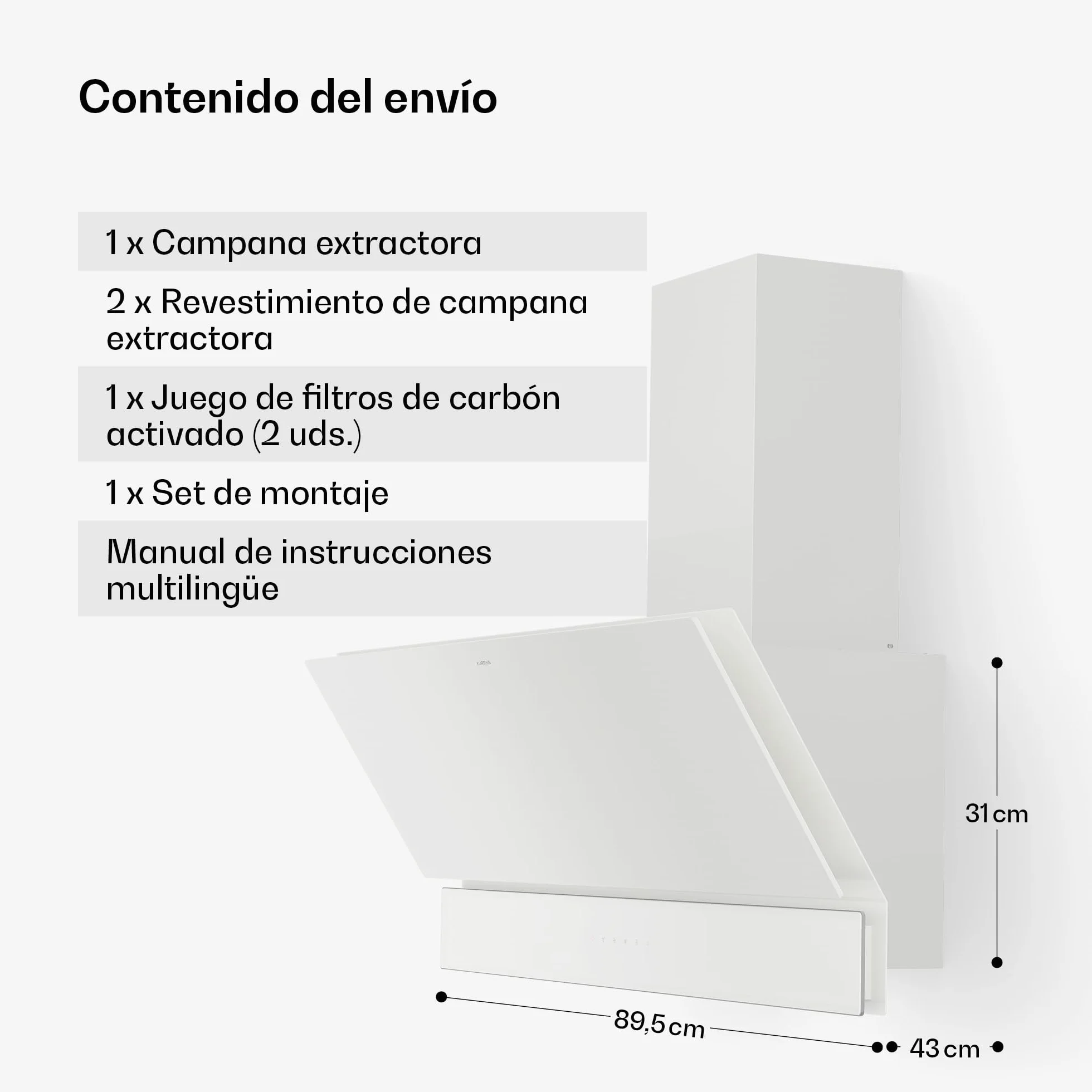 Klarstein Velaire Campana Extractora 90 cm 820 m³/h A++ LED Táctil Filtros Lavavajillas 3 Velocidades Boost Blanco