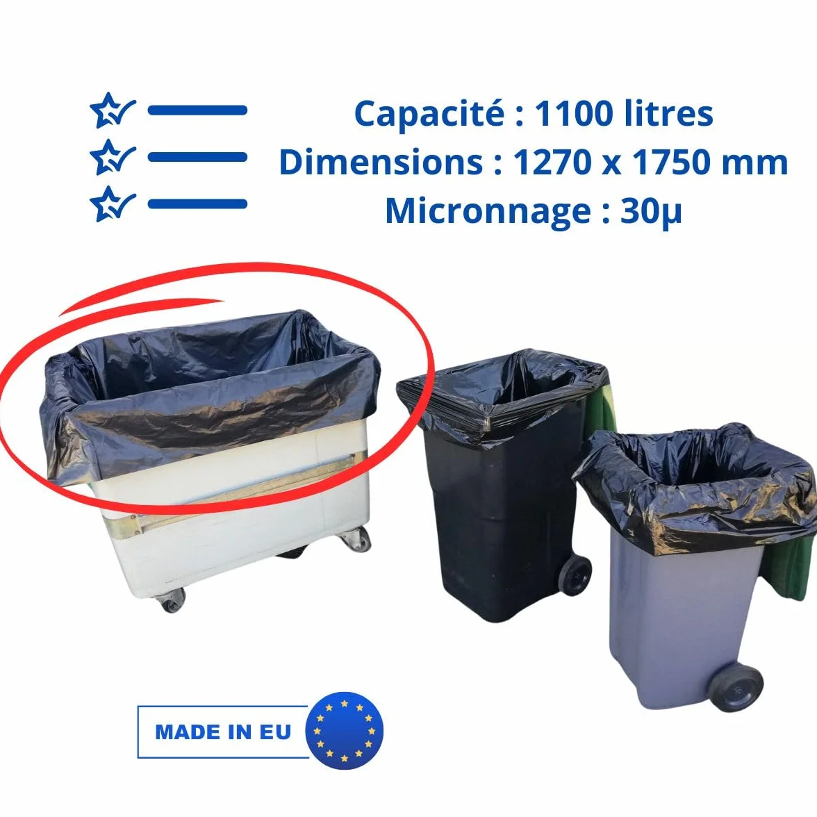 SANYGIENE | Bolsa de basura 1000-1100 L | Funda protectora contenedor 1000 L | Cartón 50 bolsas | Negro opaco | Gama profesional | Grosor 30µ | Anti fugas