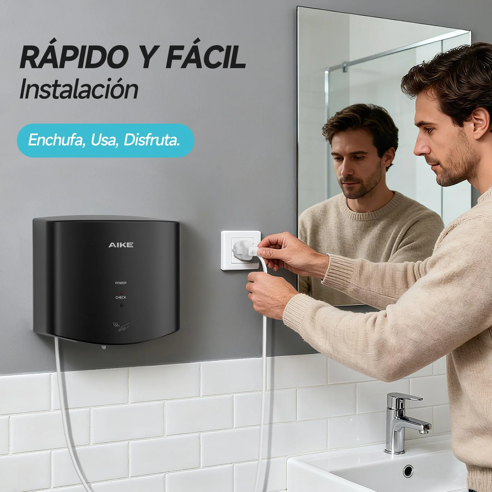 AIKE Secamanos Compacto 1400W 220V Secado de Alta Velocidad Sin Papel Sin Contacto AK2630S Negro