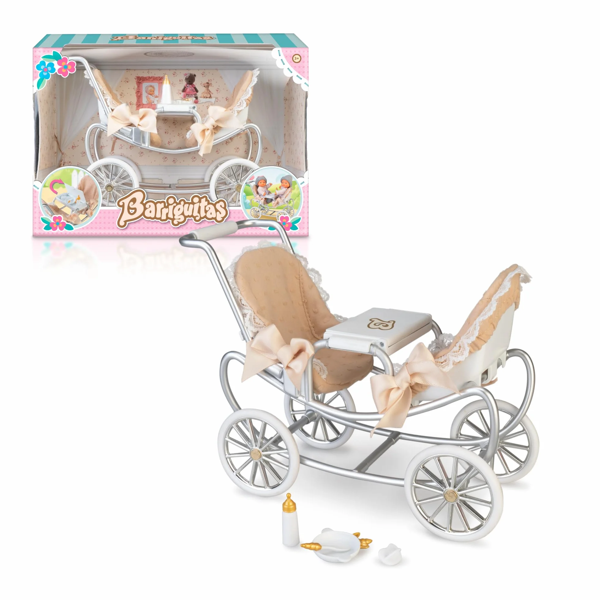 Famosa Barriguitas Carrito de Gemelos Set de Juguete con Carro de Paseo para Muñecas Bebés 4 Accesorios