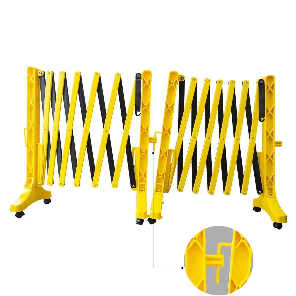 Barrera de seguridad plegable amarilla - 350 cm | Barricada extensible de plástico para seguridad peatonal | Valla de barricada móvil portátil con 4 ruedas