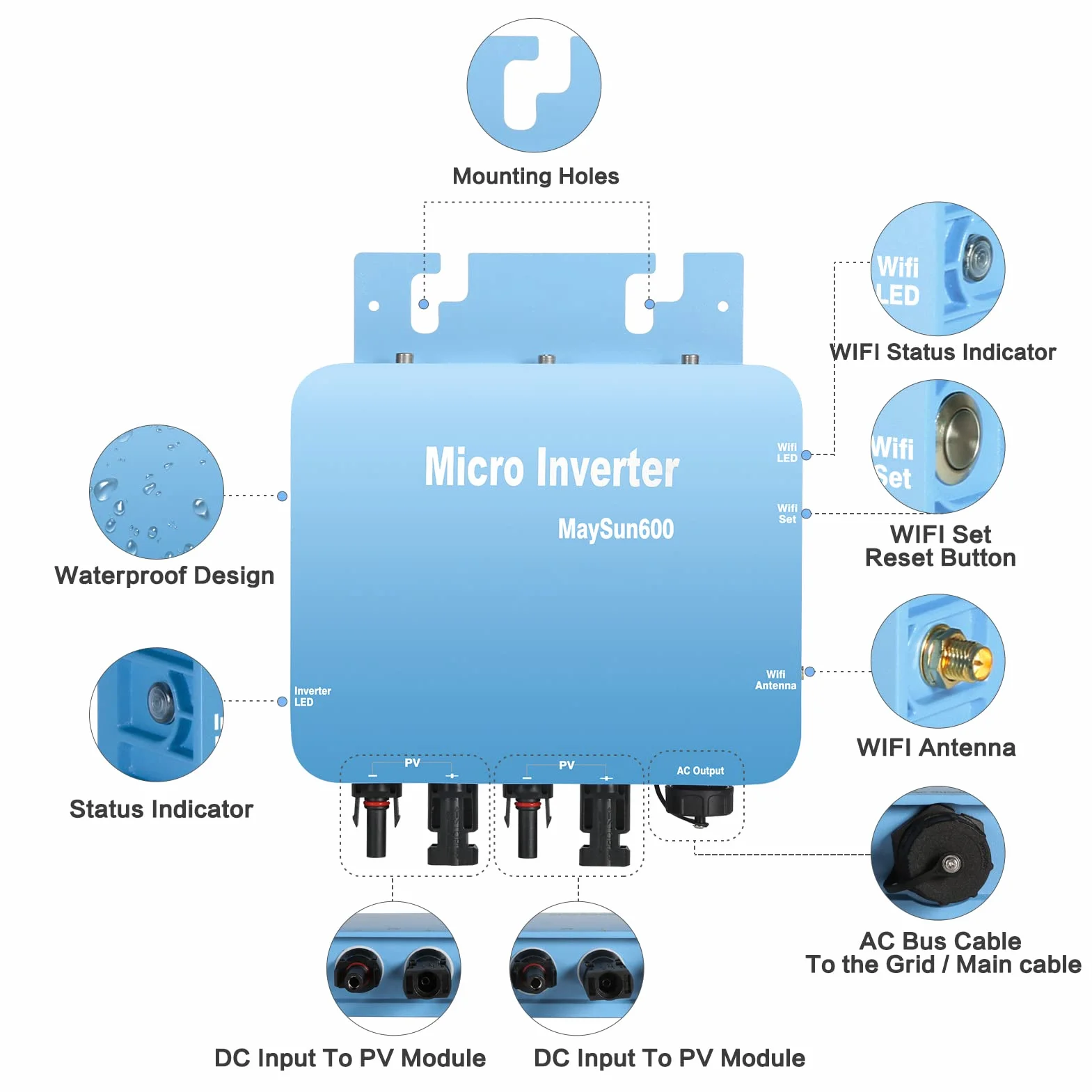 DEWIN Micro Inversor, Microinversor Solar MPPT Grid Tie Inverter 600W DC20V-60V Salida de onda sinusoidal pura con función WiFi Enchufe UE 230V