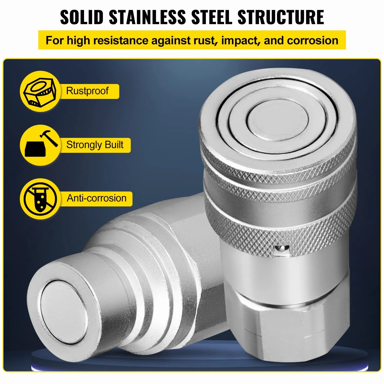 VEVOR Acoplamiento Hidráulico de Conexión Rápida 4 Kits Acoplamiento Hidráulico de Conexión Rápida Cuerpo 12,7 mm Rosca 1/2" NPT Acero Cara Plana Gran Caudal 45,5 L/min Conector para Línea