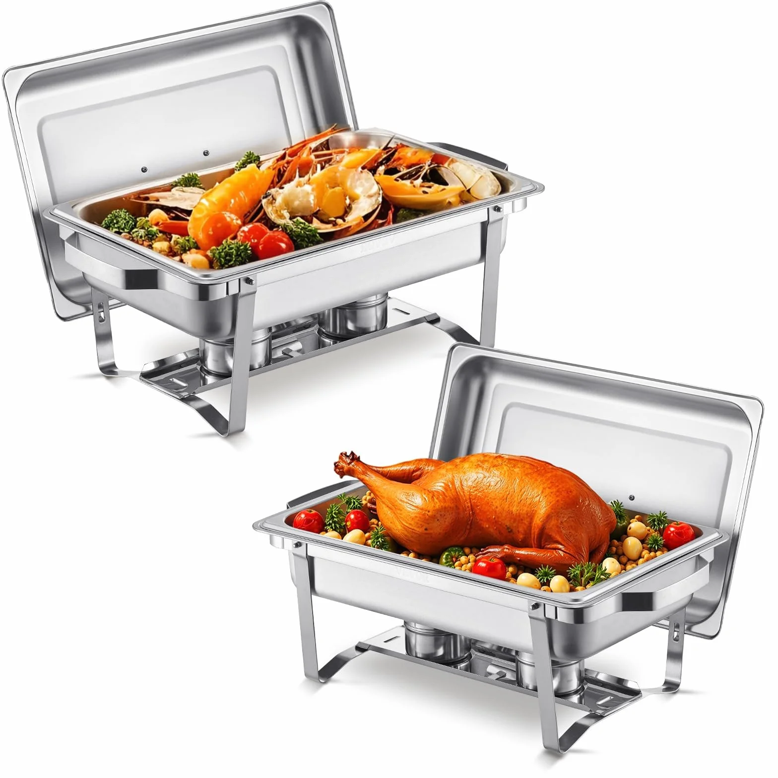VEVOR Calentador de Alimentos para Bufé(7,5 L), con 2 Sartenes de Tamaño Completo, Dispensador de Calor Rectangular para Catering con Tapa y Soporte para Combustible, para Bodas, Plata, 2 uds