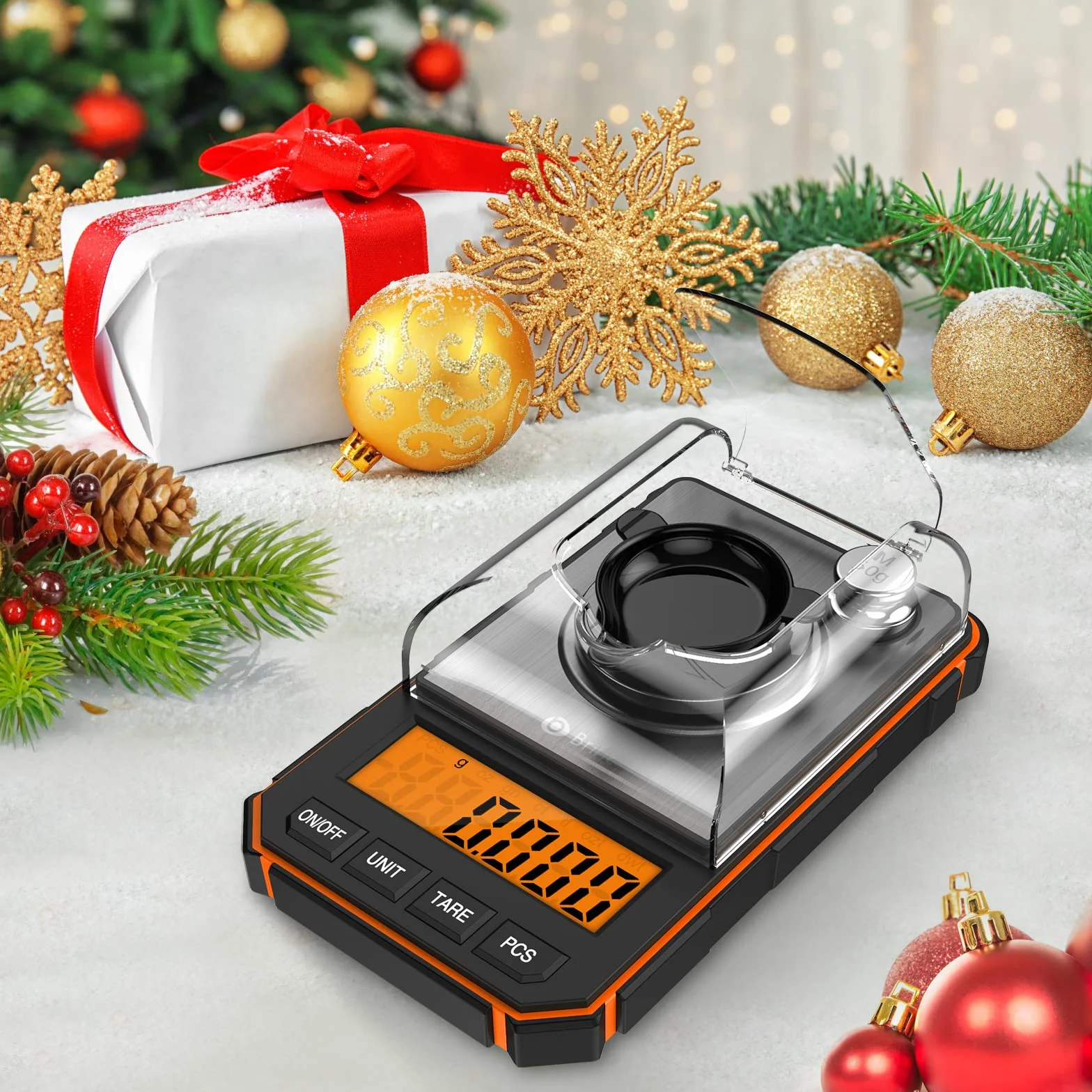 Brifit Báscula de Precisión Digitale, 50g/0.001g Balanzas de Portátiles con Peso de Calibración de 50g, Pinzas, Plato de Pesaje (Batería Incluida, Naranja)