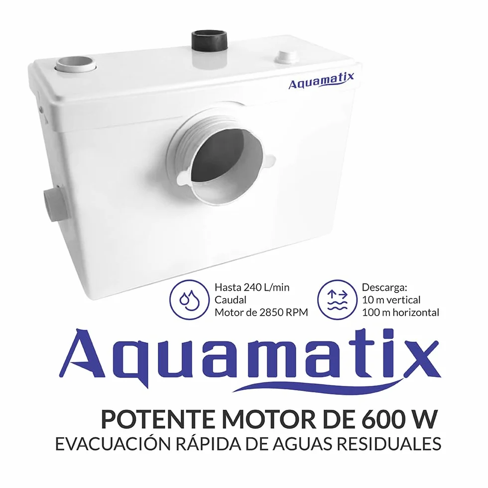 Aquamatix pequeña estación de elevación estación de elevación 600 W con triturador, estación de elevación de aguas residuales hasta 10 m de altura de elevación, con 3 entradas, para WC, ducha y lavabo