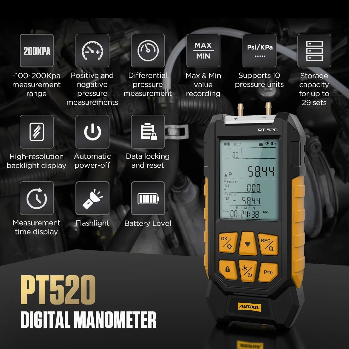 Manómetro digital de alta precisión para presión diferencial, con una precisión de ±0,3% del fondo de escala, 10 unidades de medida y un rango de -100 a 200 kPa, Almacenamiento para automóviles