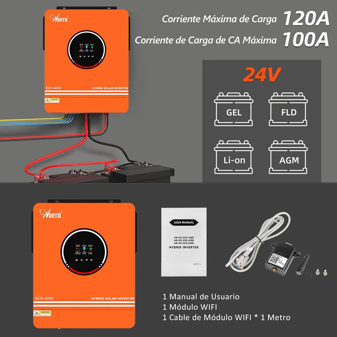 Anern 4200W Inversor Solar Híbrido 24V DC a 220V-240V AC, Controlador Solar MPPT de 120A Integrado, Funciona con Baterías de Plomo y Ácido de Litio de Tensión de Entrada PV Máx. 450V con WiFi