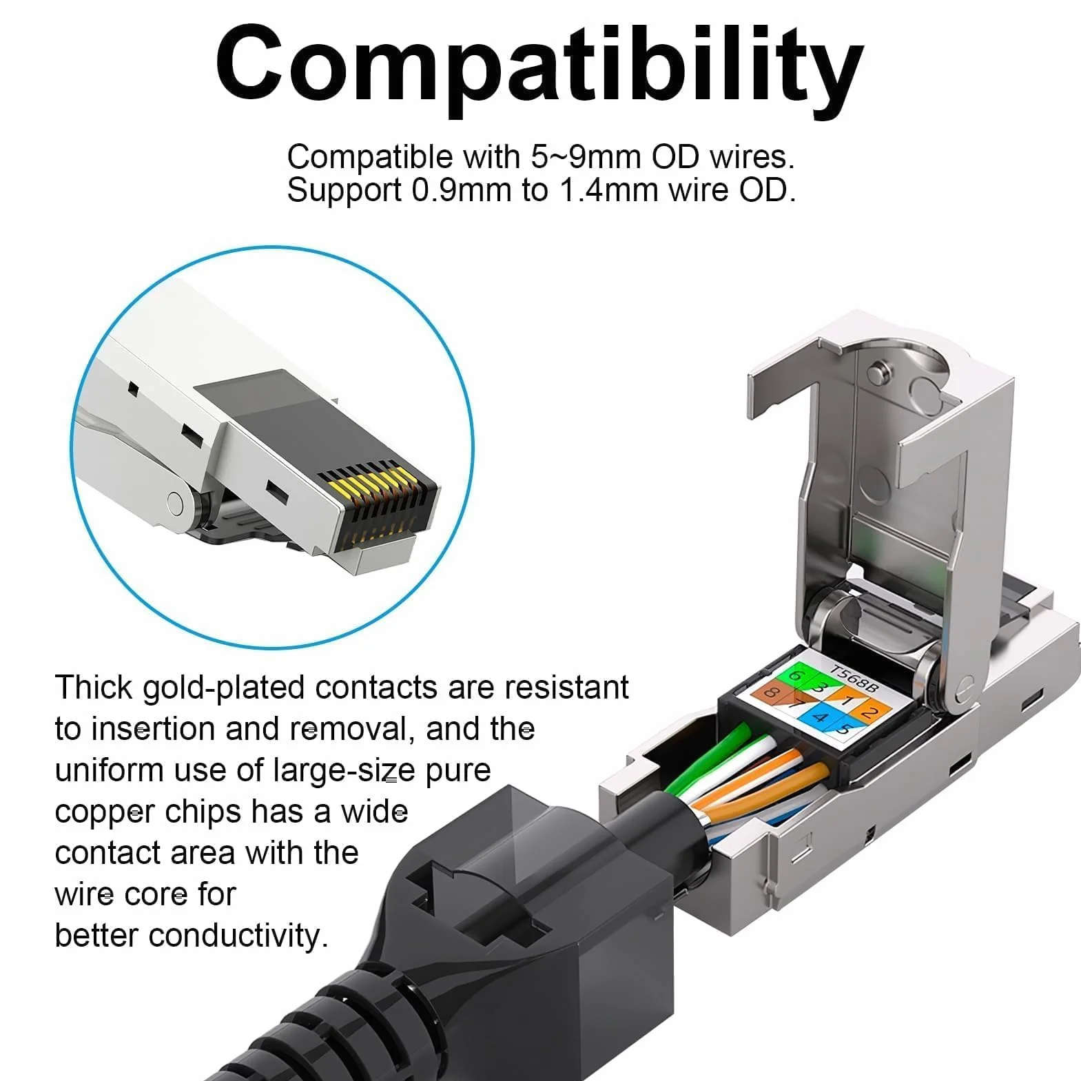 Cat 8 Conector RJ45 Sin Herramientas Blindado 40 Gbit/s 22 AWG para Cable Ethernet LAN