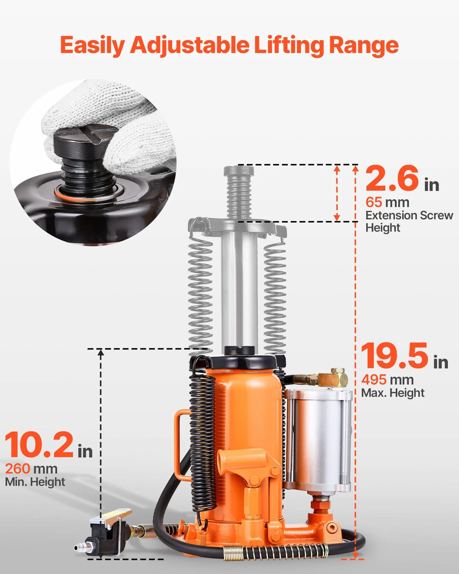 VEVOR Gato Neumático de Botella 20 T, Elevación 260-495 mm, Bomba para SUV y Camionetas, 235x155x260 mm, Naranja