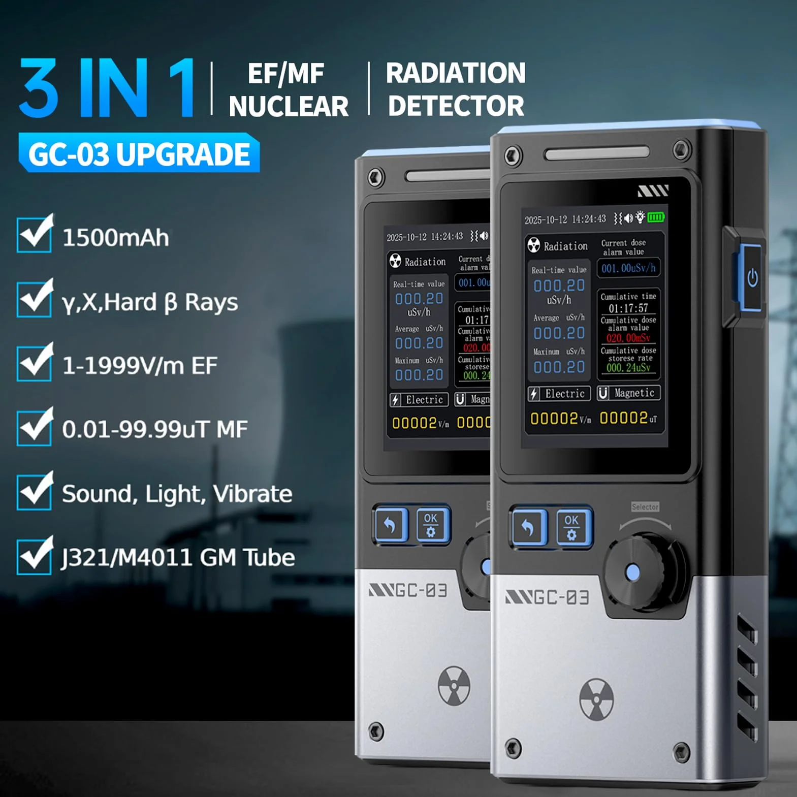 DEWIN Medidor EMF 3-en-1 Detectores de Campo Eléctrico, Campo Magnético y Radiación Nuclear, GC03 Detector de radiación Multifuncional de Triple Alarma con Luz de Fondo