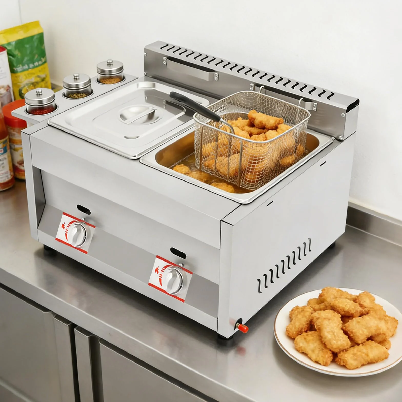 Freidora gastronómica doble de gas de acero inoxidable 430, 2 x 6,34 l, 50 – 380 °C, con tapa para patatas fritas, pollo, comercial, para restaurante, aperitivo, cocina comercial, fiesta
