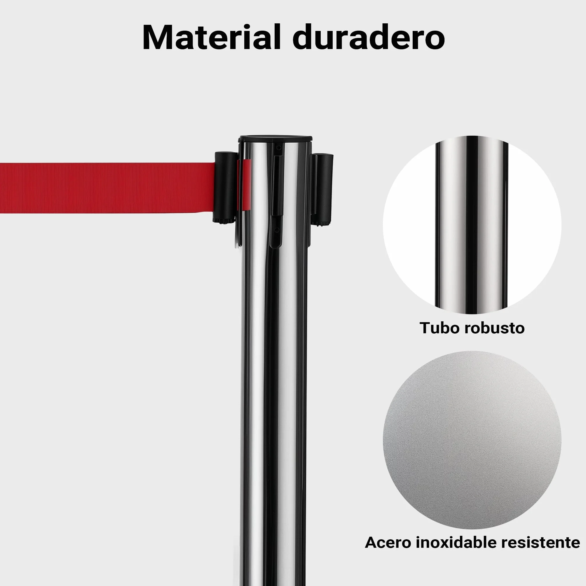 Wiltec Juego de 2 postes separadores con cinta retráctil roja 200 cm, acero inoxidable