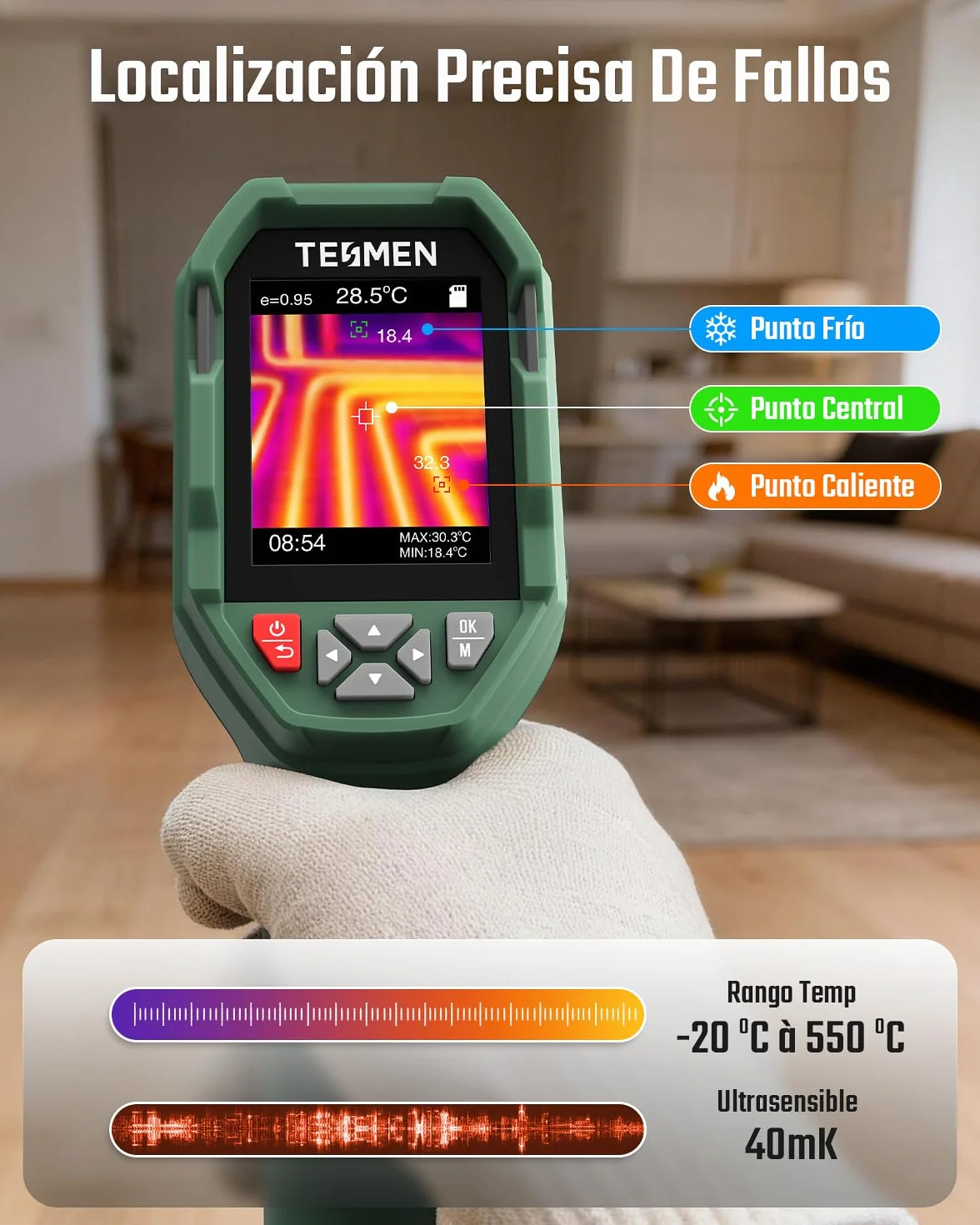 TESMEN TKA-6000 Cámara Térmica, -20°C~550°C, Portátil 25 Hz, TISR 240x240, Ultra-sensible 40mK, Seguimiento en Vivo para Mantenimiento del Hogar, Inspección de Fugas y HVAC