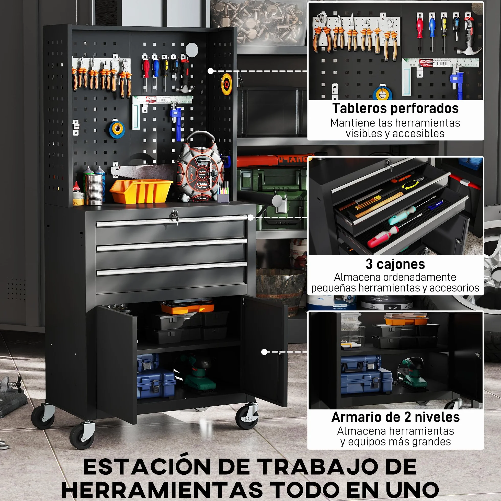 HOMCOM Carro de Herramientas con 3 Cajones y Tabla de Pegboard, Carro de Taller, Cerradura por Llave, Estante Ajustable, 2 Ruedas con Freno de Bloqueo, Negro