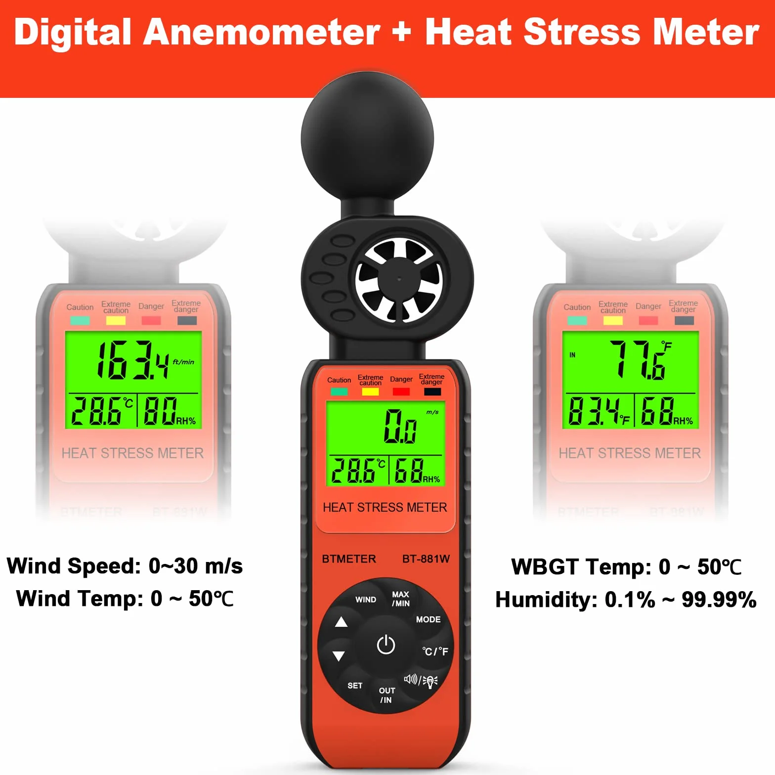 BTMETER BT-881W Medidor de viento WBGT, anemómetro digital portátil velocidad temperatura humedad