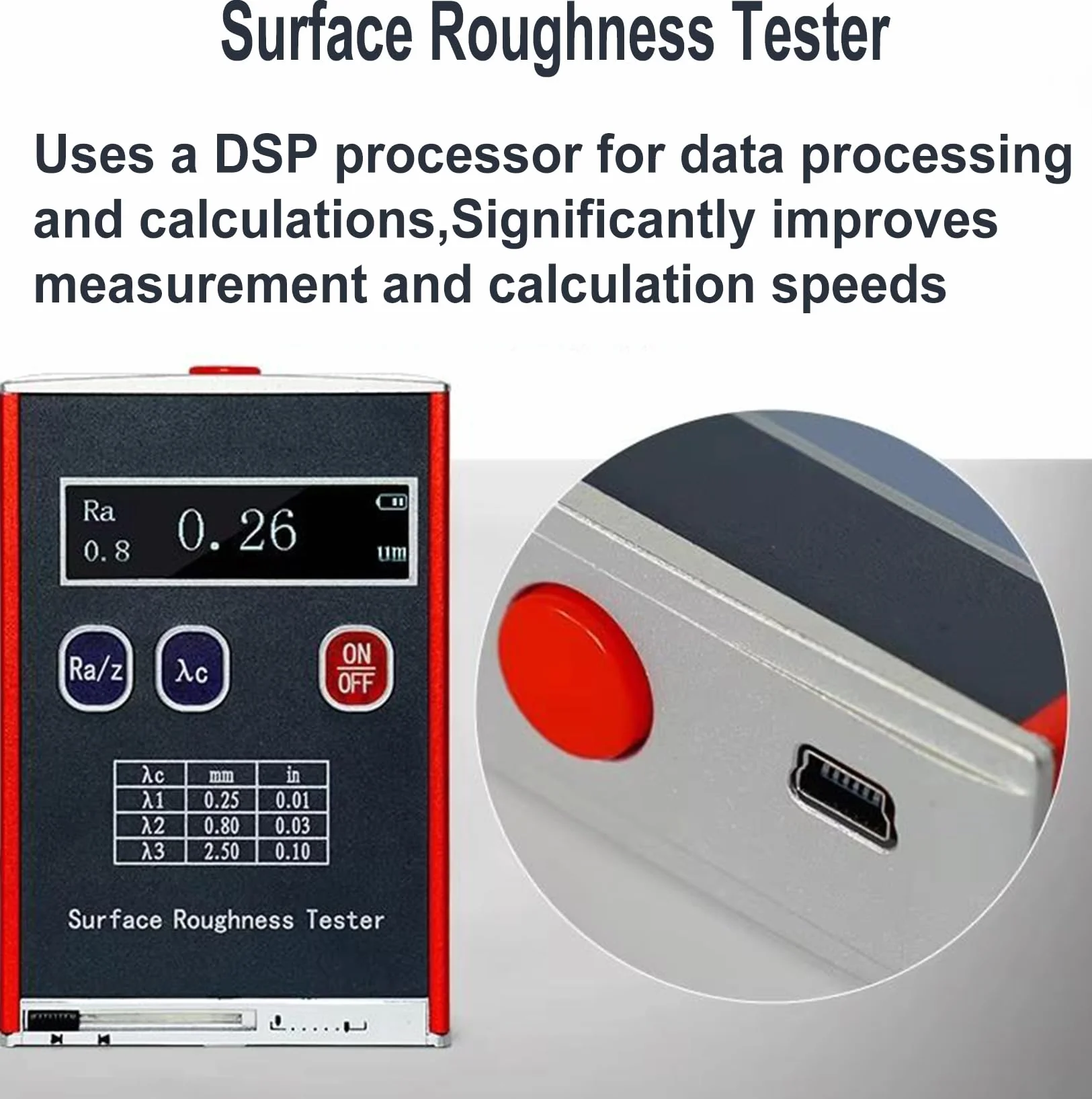 Rugosímetro portátil de 0,01 μm, medidor digital de rugosidad con bloque de calibración estándar, 4 parámetros de prueba: Ra/Rq 0,05~15,0 μm, Rz/Rt 0,1~50,0 μm, para para mediciones industriales