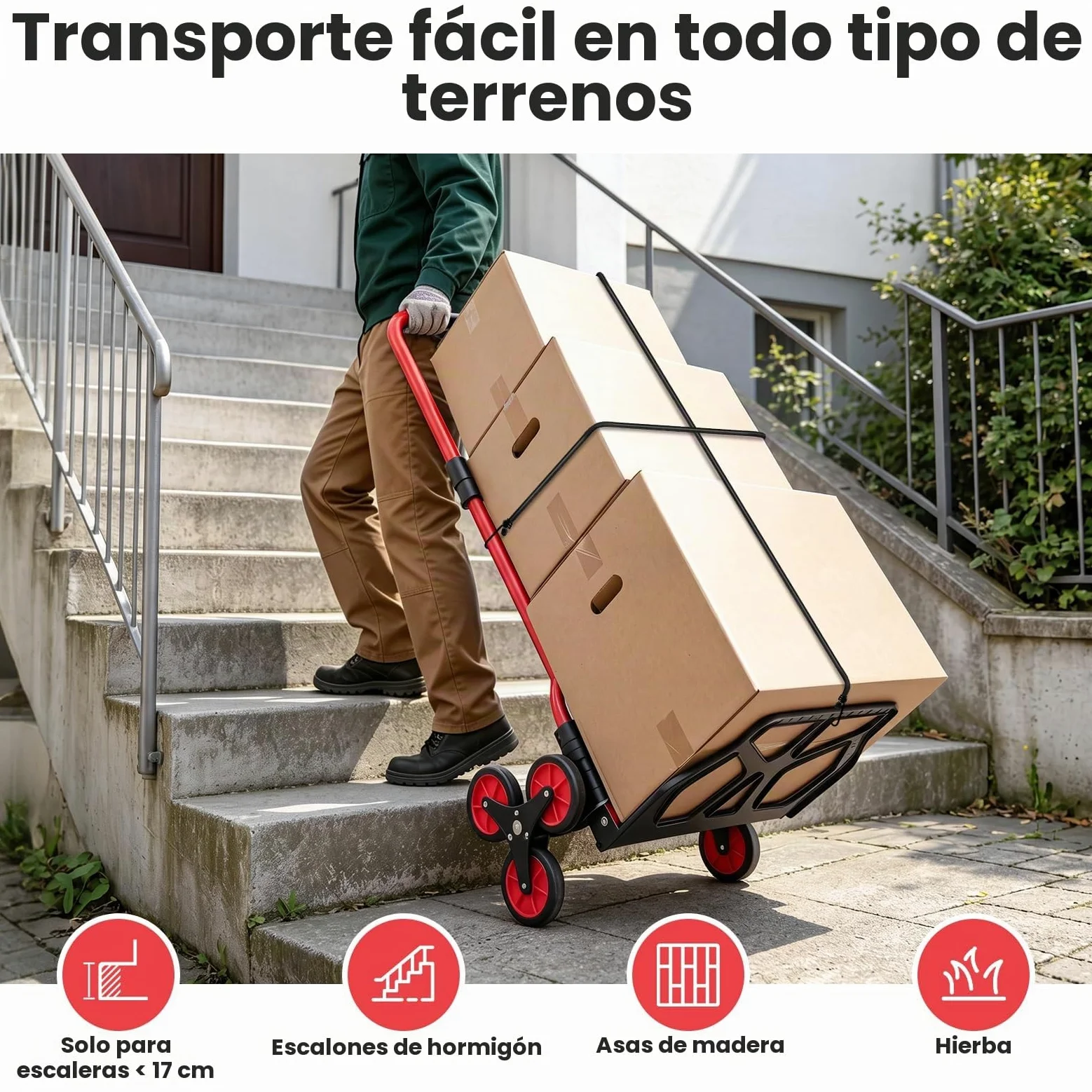 YEAUPE PRO Carretilla de Mano Plegable Escaleras 50 kg Rojo | Ruedas TPR grandes, mango telescópico regulable y 2 cuerdas incluidas para subir escaleras, mudanzas y transporte