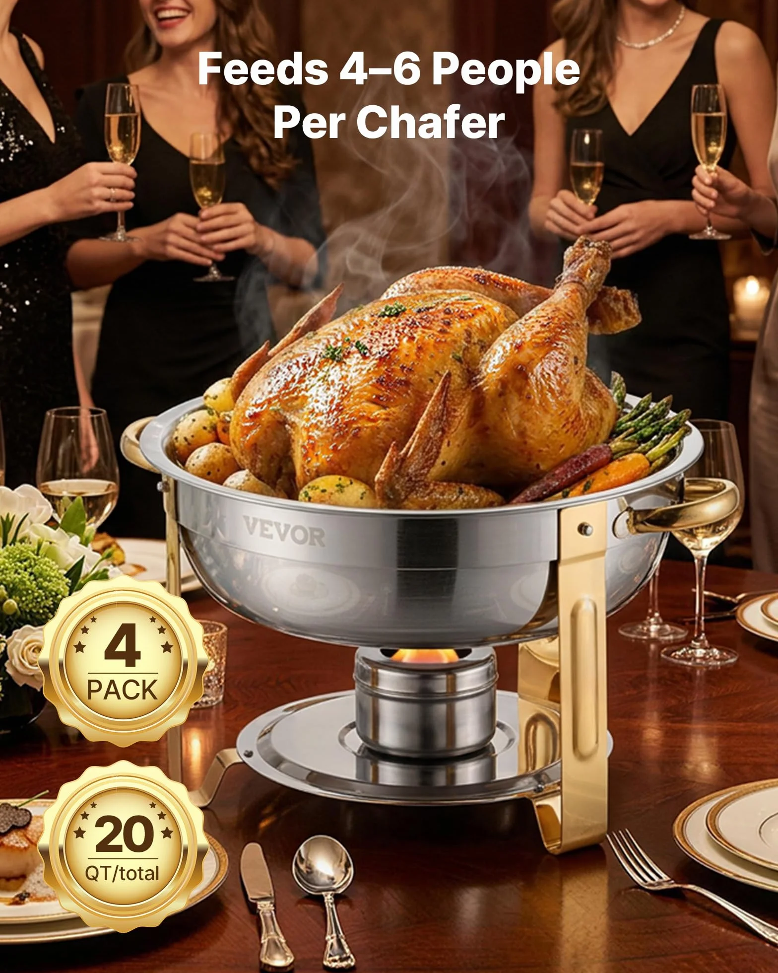 VEVOR Calentador de Alimentos para Bufé 4 Recipientes 4,7 L Redondo Tapa de Cristal Bandeja de Agua Soporte Plegable Dorado