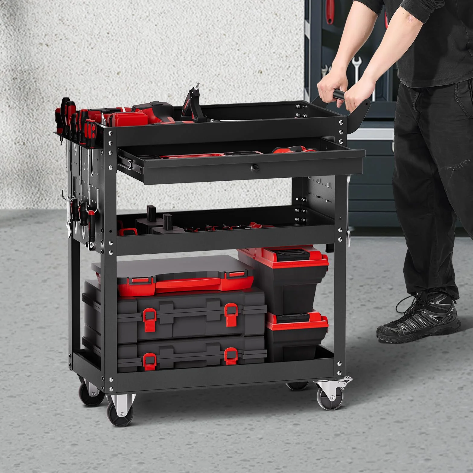VEVOR Carro de Herramientas, Organizador de Herramientas para Mecánicos de 4 Niveles con Ruedas, Sistema de Bloqueo, Cajón y Tablero Perforado, Carga de 159 kg para Garaje, Almacén y Taller, Negro