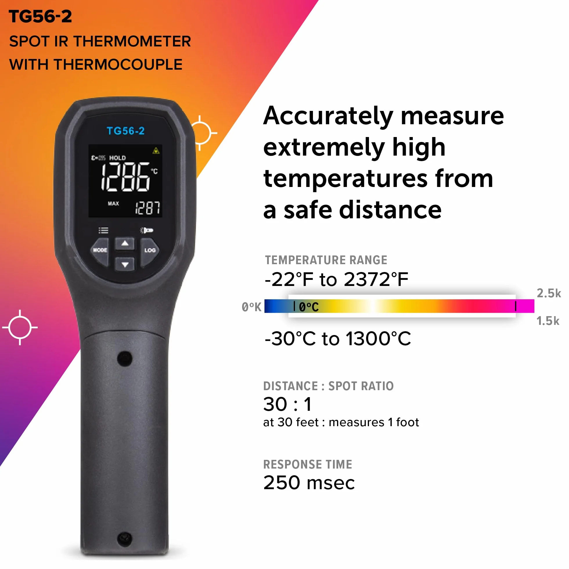 Termómetro de punto infrarrojo FLIR TG56-2 con pantalla digital: para mediciones de temperatura sin contacto de hasta 2372 grados F