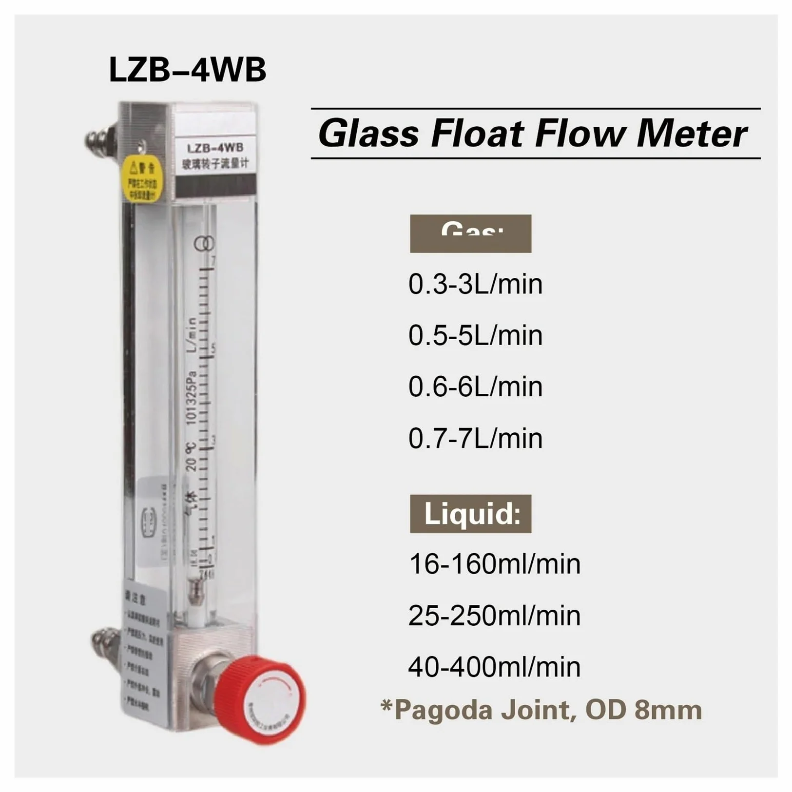 Medidor de Flujo de Tubo de Vidrio LZB-4WB, rotámetro for Aire líquido, Agua, nitrógeno Ajustable(0.5-5L-min)