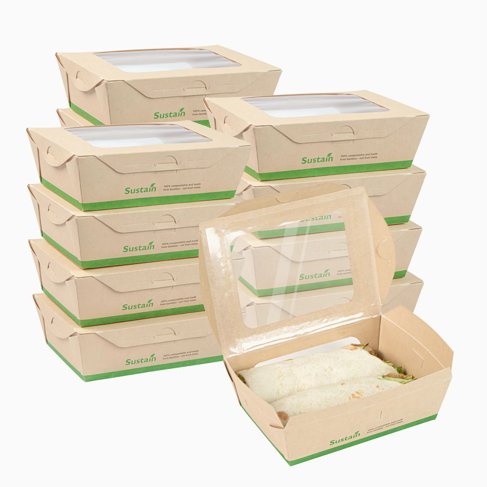 Restaurantware - Cajas de papel resistentes de 28 onzas, 50 recipientes desechables para alimentos, con forro de ácido poliláctico, dos ventanas transparentes de ácido poliláctico, contenedores de