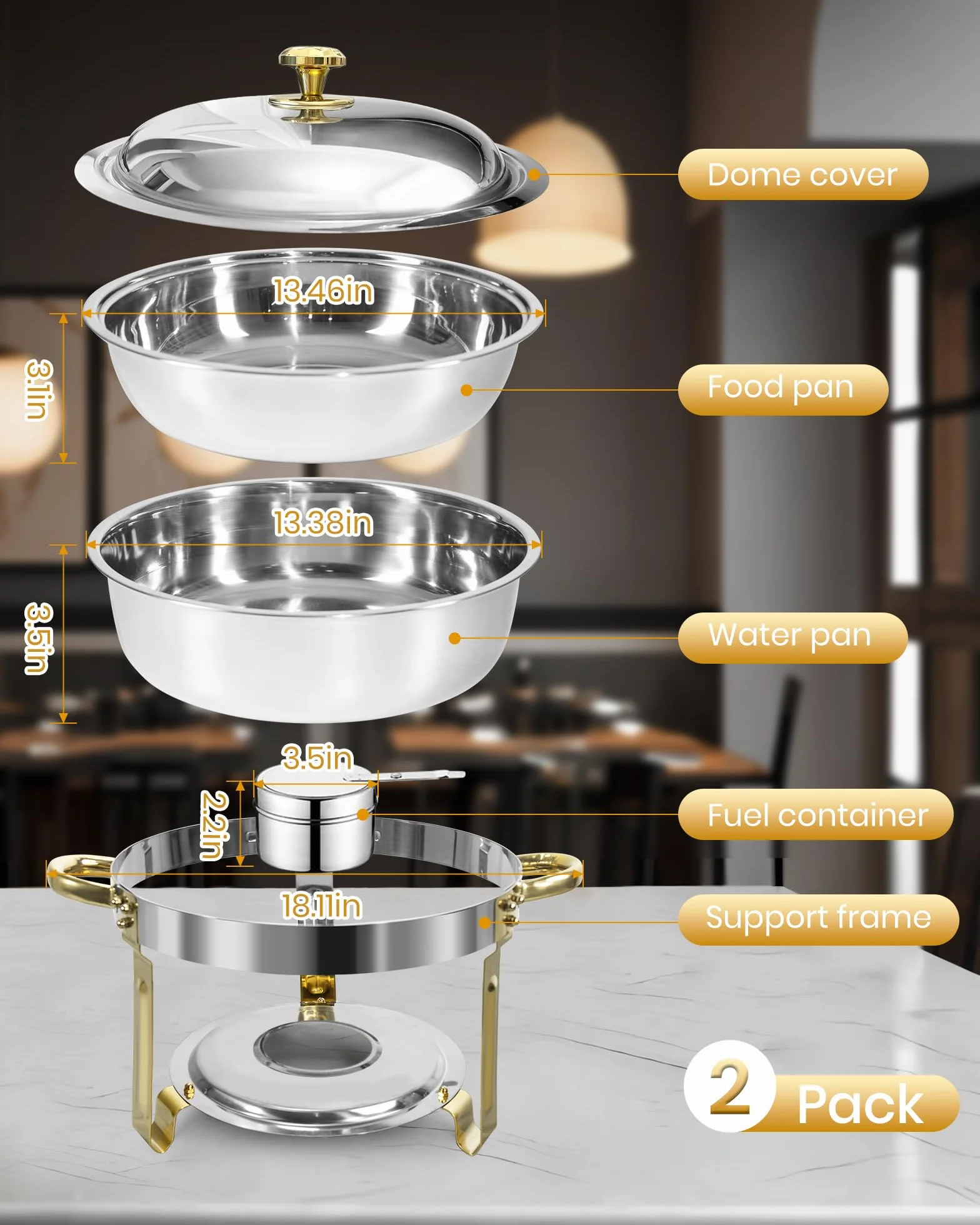 Chafing Dish Buffet Set 6L 2 Unidades Fuentes Redondas de Acero Inoxidable Oro y Plata con Porta Tapas