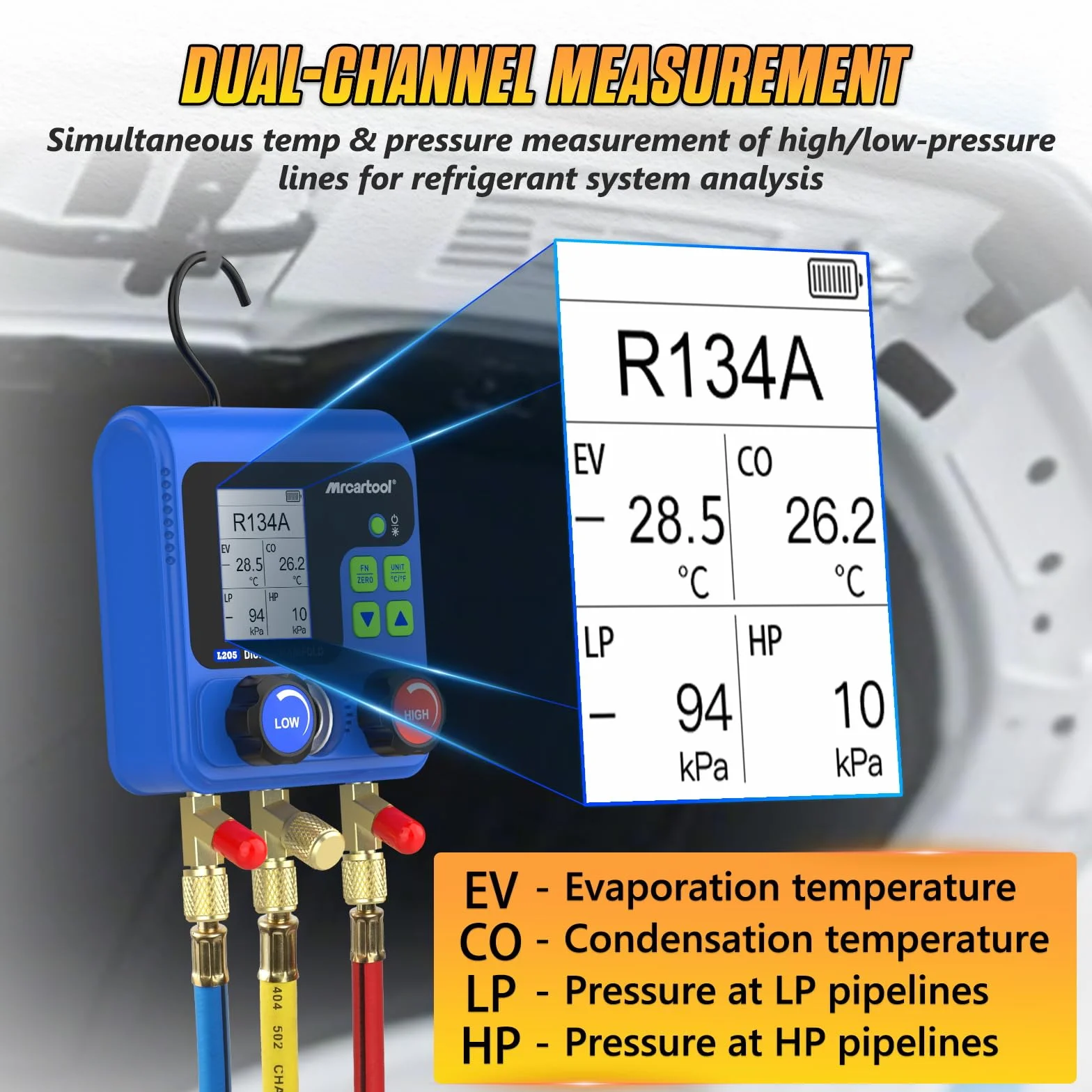 Ayuda de montaje de refrigerantes, distribuidor digital de aire acondicionado con 92 refrigerantes, datos de ayuda de montaje digital, indicador de refrigerante L205 HVAC R32 R134A R12 R410A
