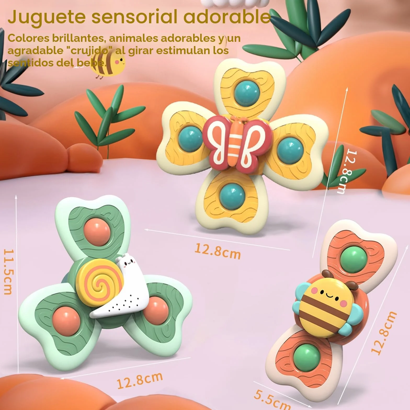 Spinner Bebé con Ventosa 3 Juguetes Giratorios Sensoriales para Baño Trona Viaje