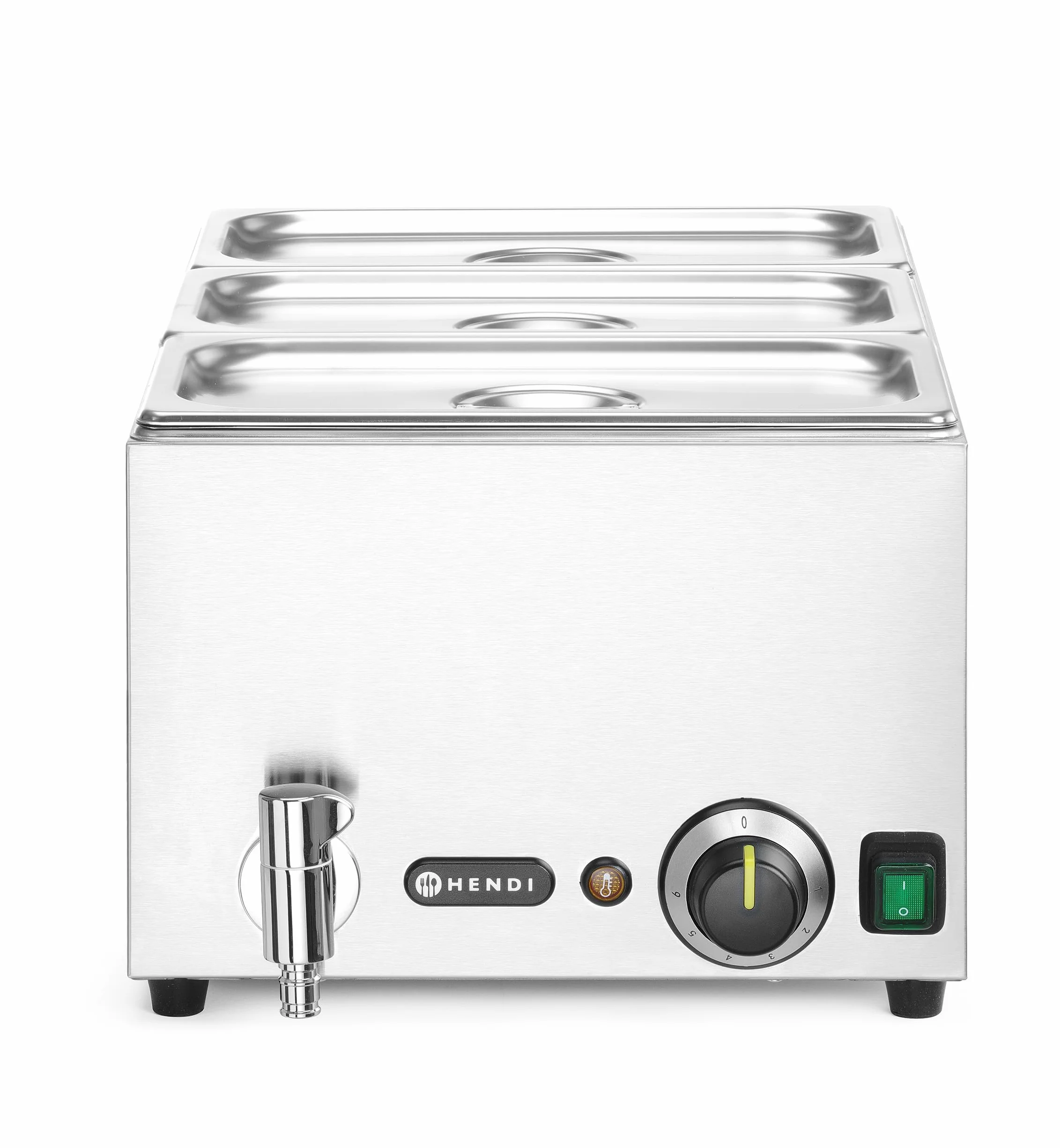 HENDI Baño María eléctrico, con grifo, sistema de calentamiento al baño María, temperatura regulable 30 °C a 85 °C, incluye 3 x GN1/3 con tapa, 19L, 230V, 1000W, 605x332x(H)242mm, acero inoxidable