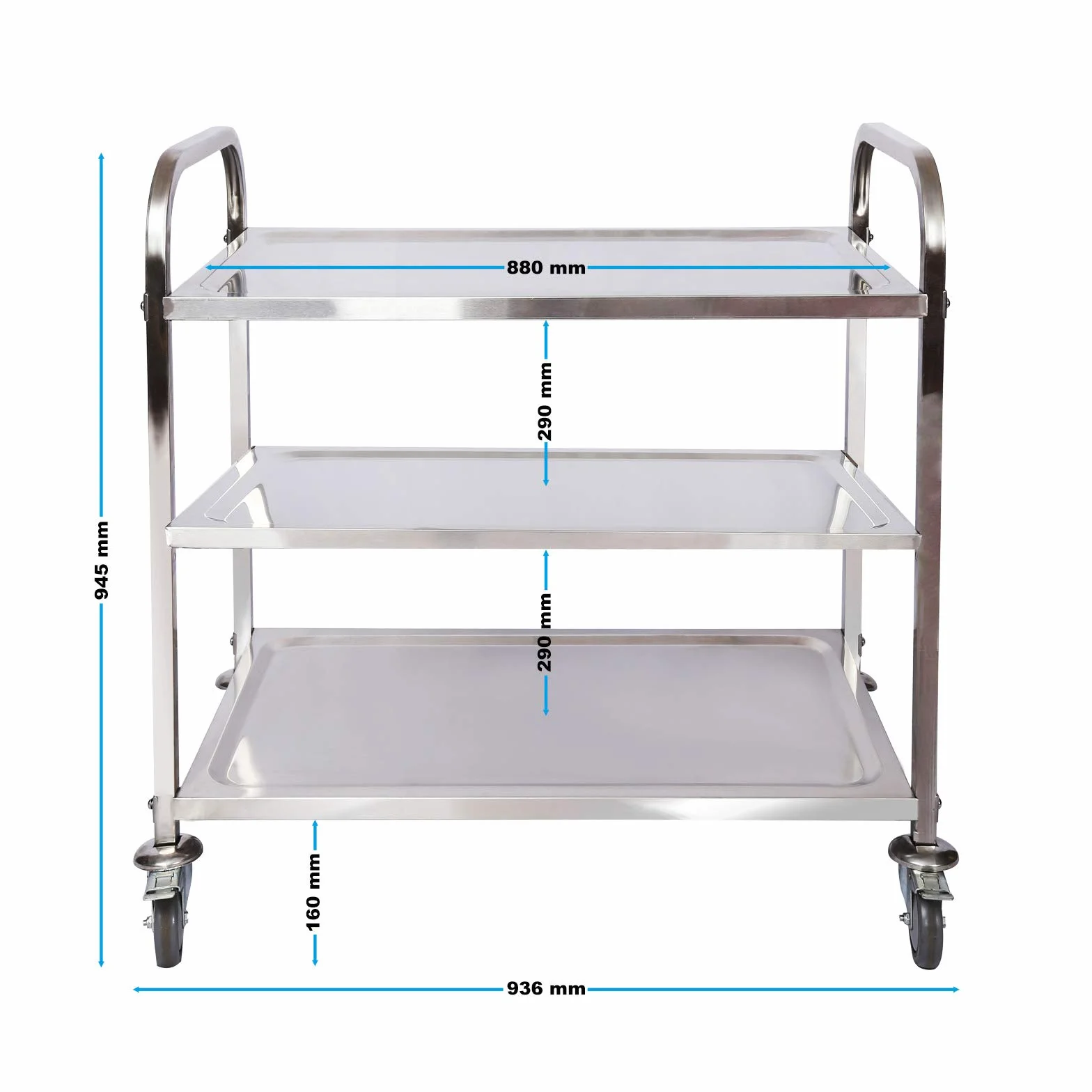 WilTec Carro de Servicio de Acero Inoxidable 3 Niveles 150kg Carrito Cocina Carrito té Camarera con Frenos
