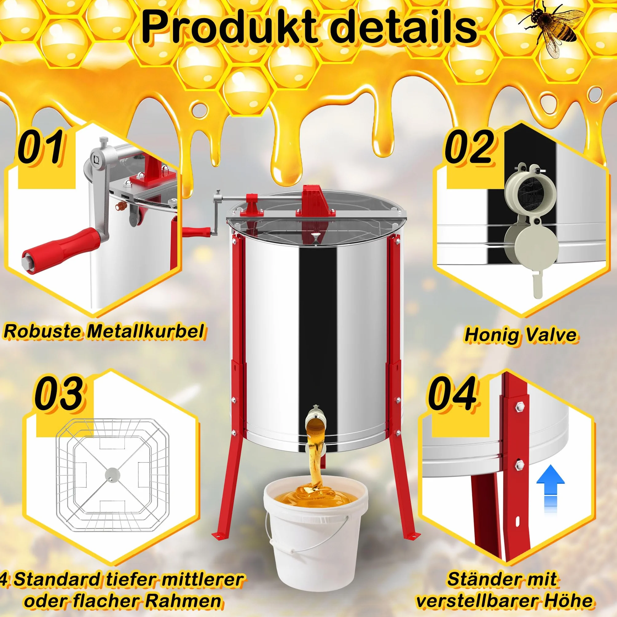 FIVMEN Extractor de miel manual de 4 panales de acero inoxidable, extractor de miel con alimentación tangencial con tapa, accionamiento manual y patas ajustables, accesorios universales para