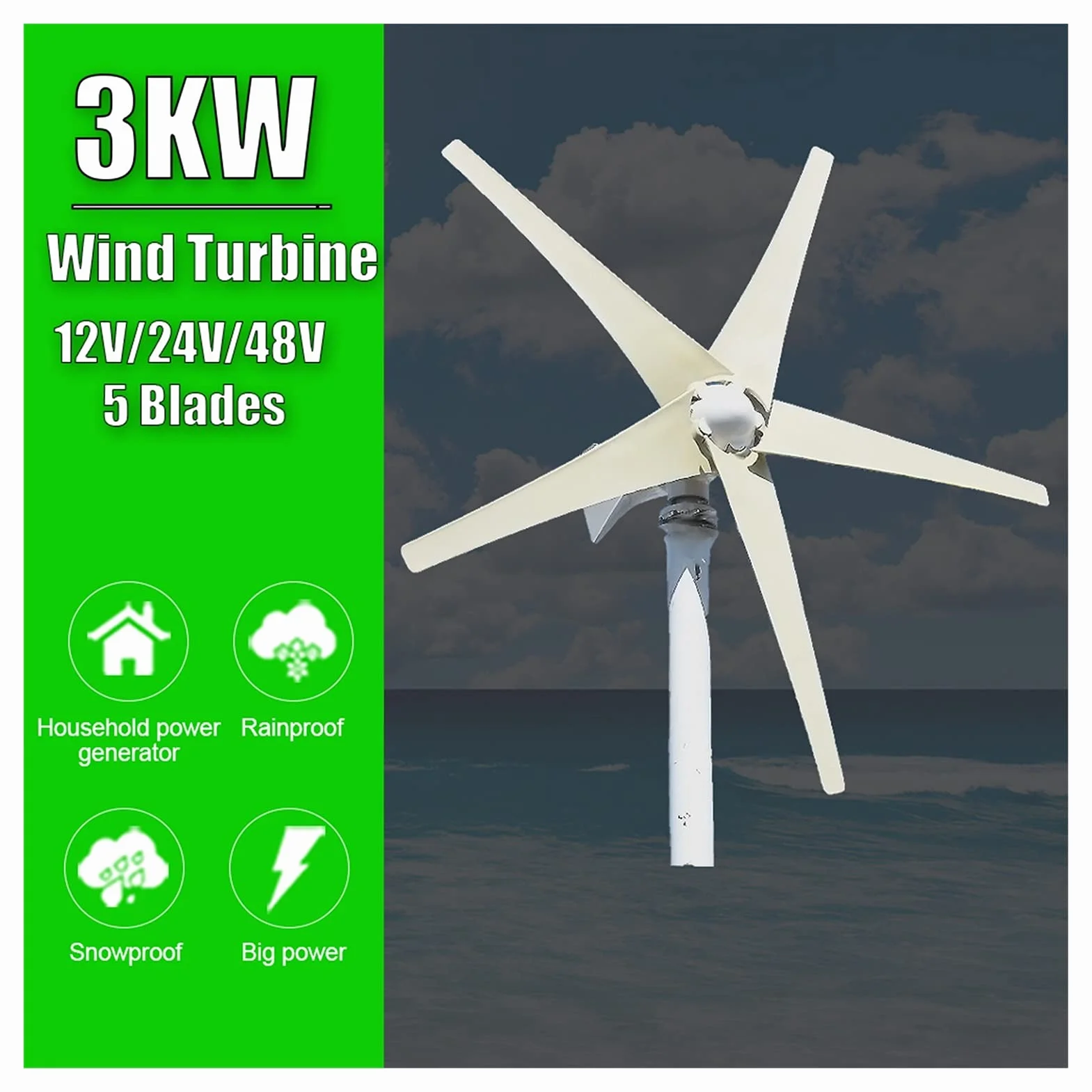 Aerogeneradores 3000W 5 Blades Energía libre Molino de viento 12V 24V 48V Energía eólica Pequeño Generador de Turbinas de Viento Generador MPPT Controlador para uso en el hogar Energía solar y eólica