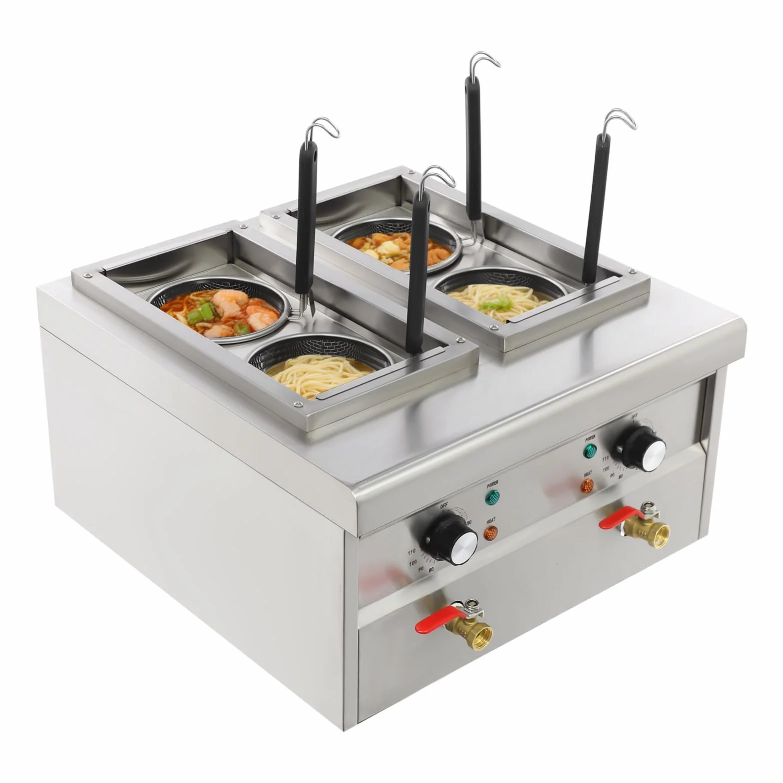 Cocedor de pasta eléctrico de acero inoxidable, 30 – 110 °C, con 4 cestas de colador y 2 tapas, para cocinas, restaurantes y restaurantes de pasta, 2 × 2 kW (plata)