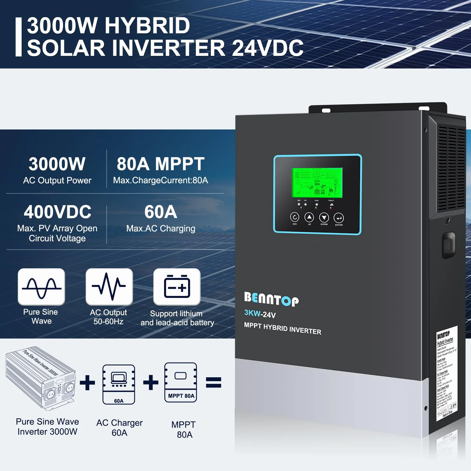 3000W Inversor híbrido 24V a 230v 220v Onda Pura Off-Grid Solar Inversor, con Controlador de Carga Solar MPPT de 80A Incorporado, MAX.PV 400Vdc,admite baterías de Plomo-ácido y Litio